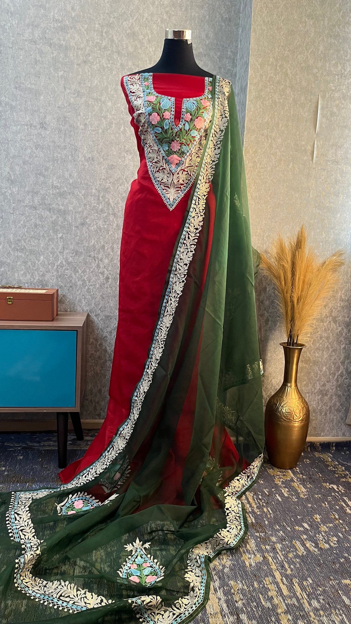 Red Soft Tissue Kashmiri Suit