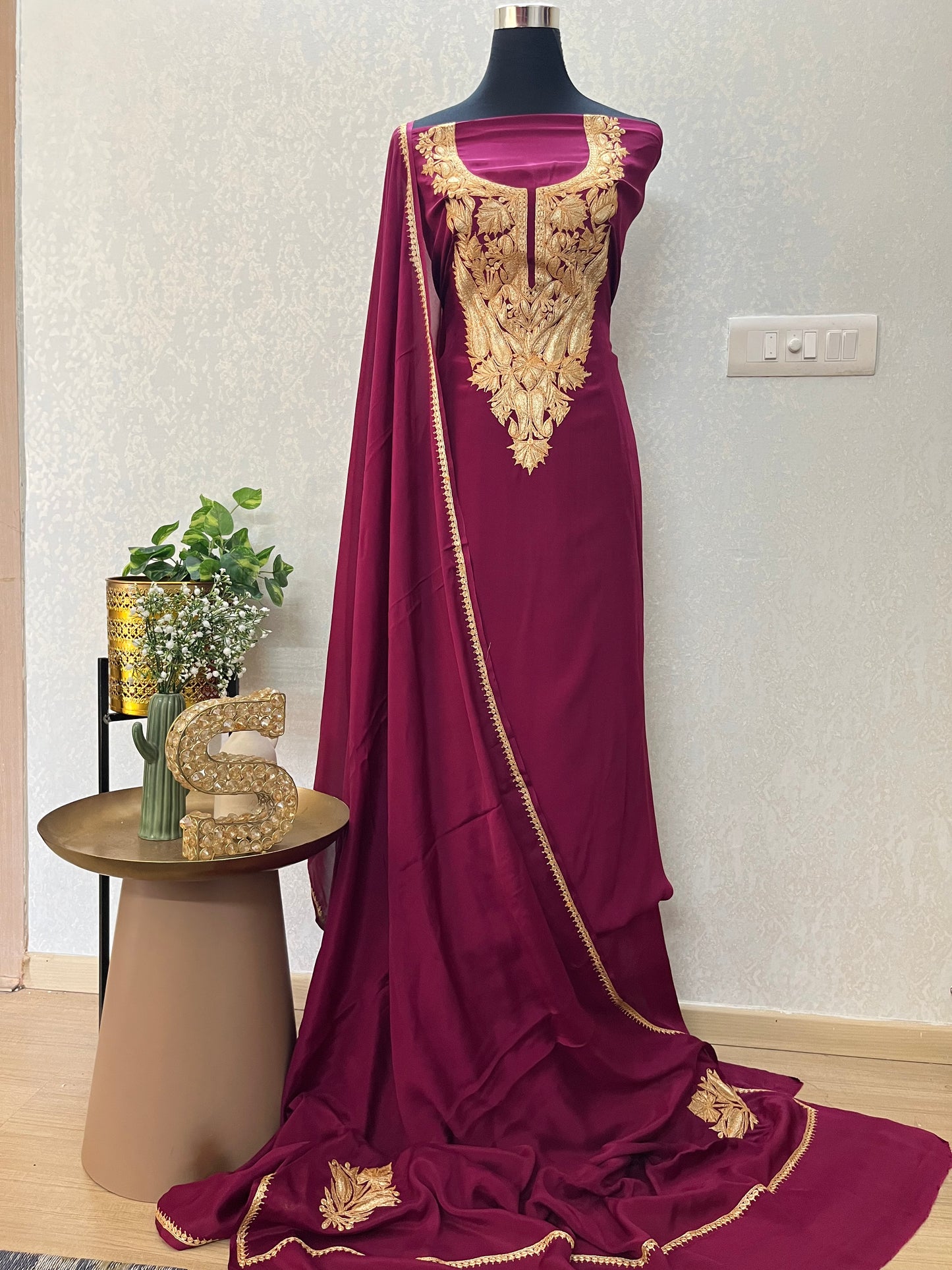 Wine Crape Puff Tilla Kashmiri Suit