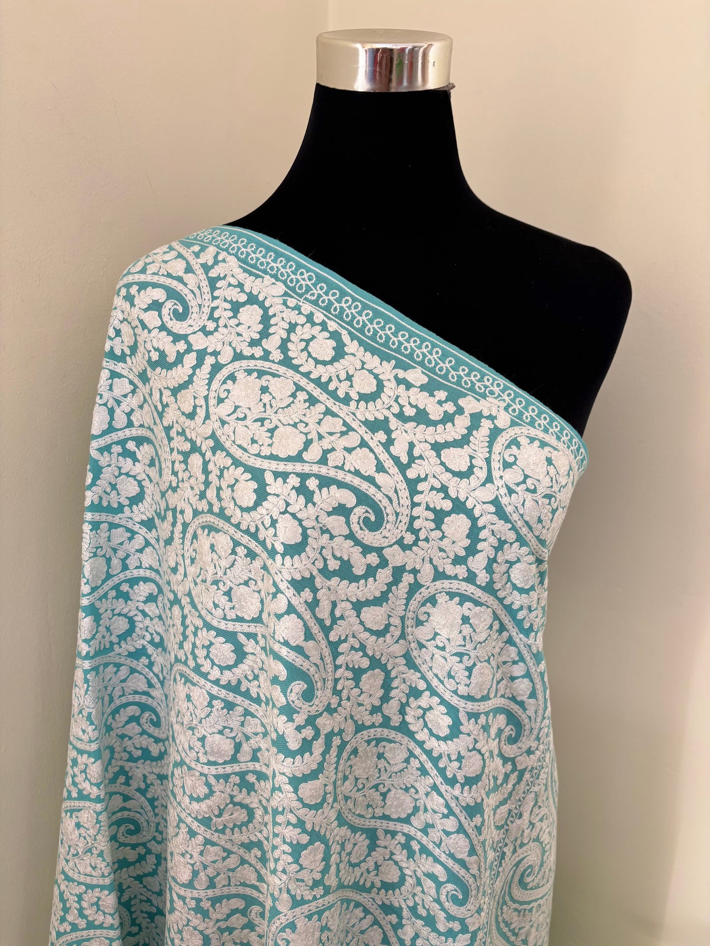 Aqua Blue Kashmiri Stole ( Semi Pashmina )