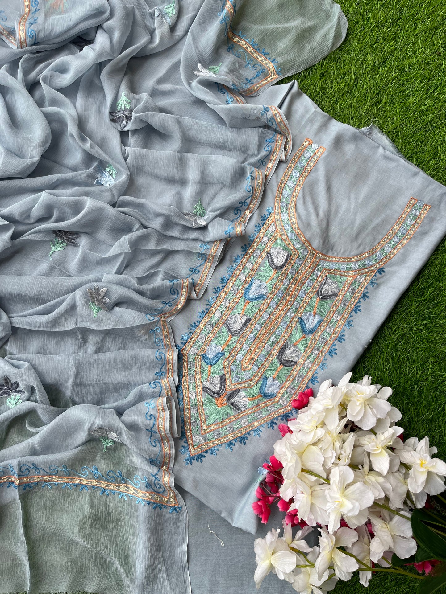 Grey Cotton Aari Embroidered 3pc set