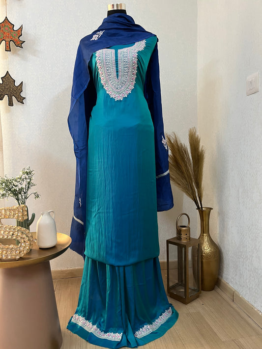 Firozi Silk Puff Tilla Embroidered Suit