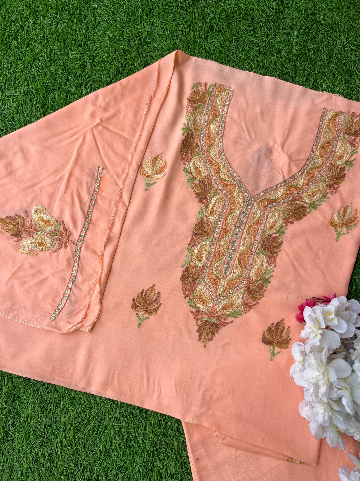 Peach Muslin Cotton Aari Embroidered 3pc set