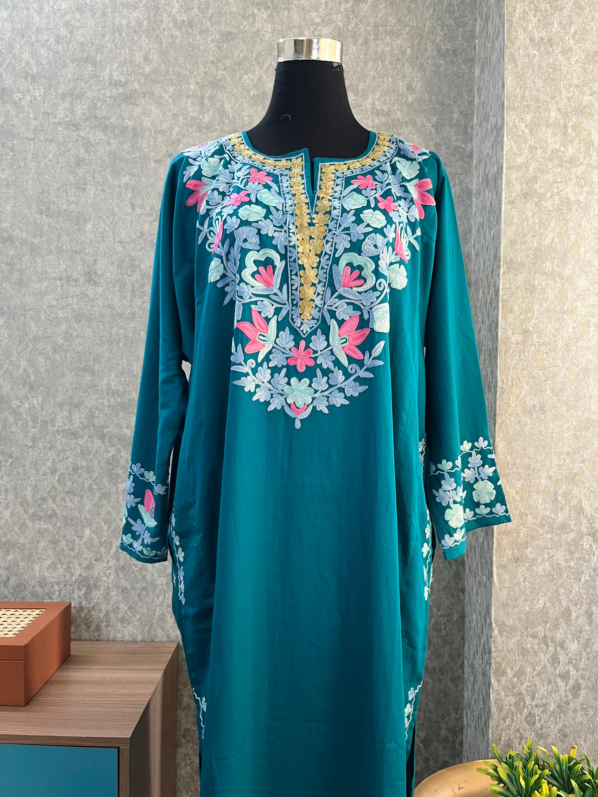 Blue Cotton Front Jaal Pheran Set  Size(44)