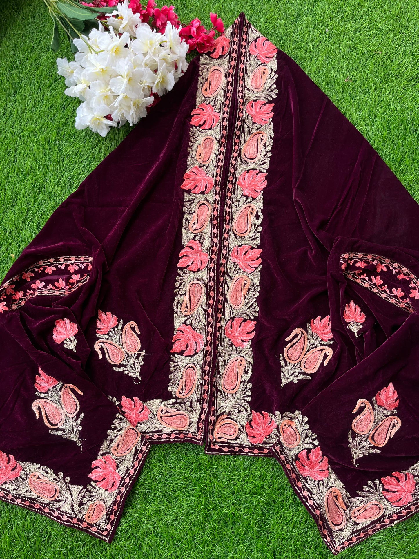 Wine Aari Embroidered Velvet Cape