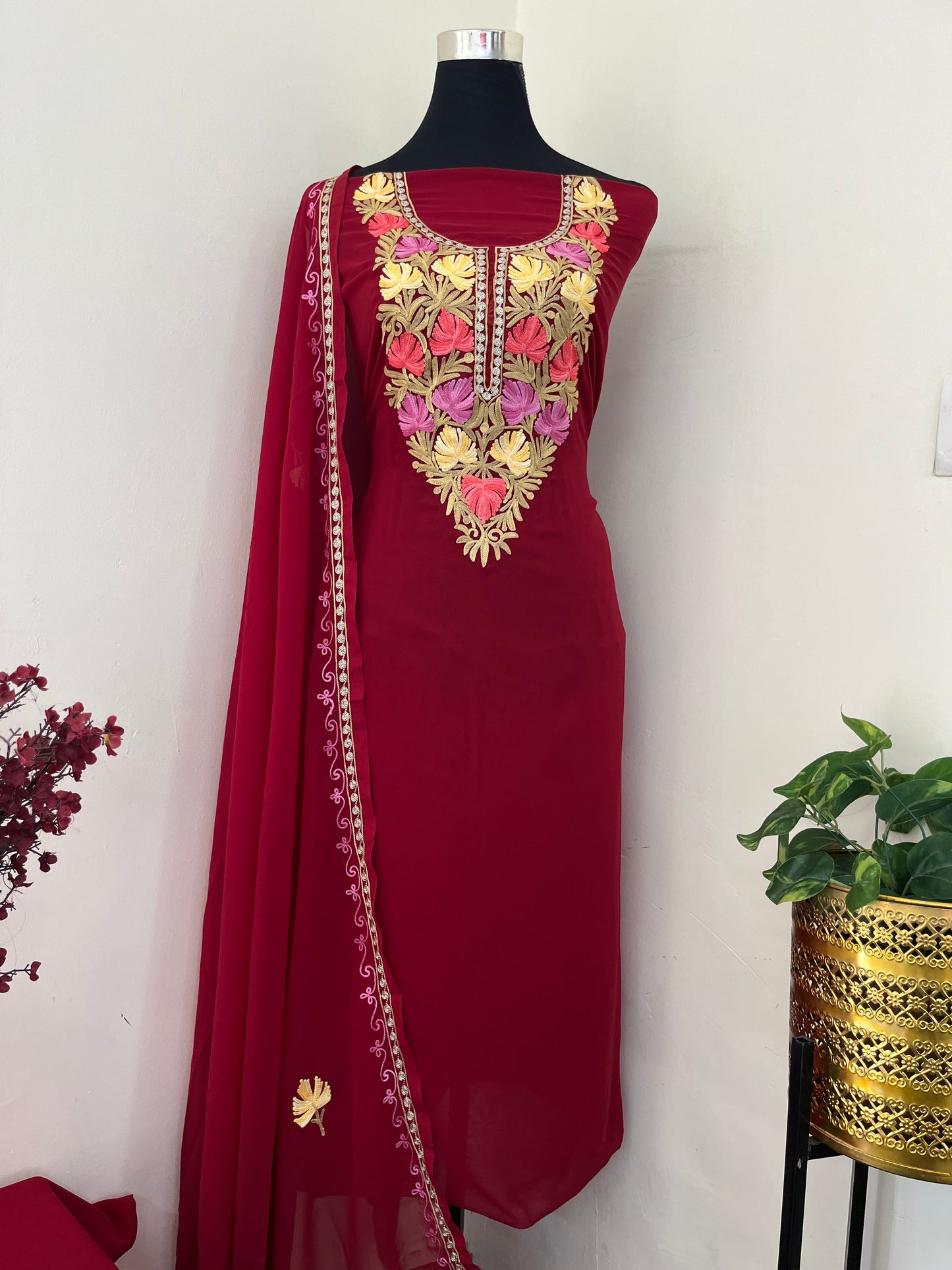 Maroon Georgette 3 Pc Aari Embroidered Suit Set