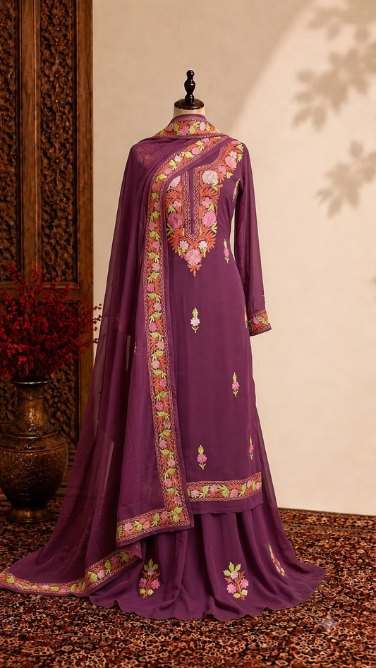 Mauve Georgette 3 Pc Aari Embroidered Suit Set