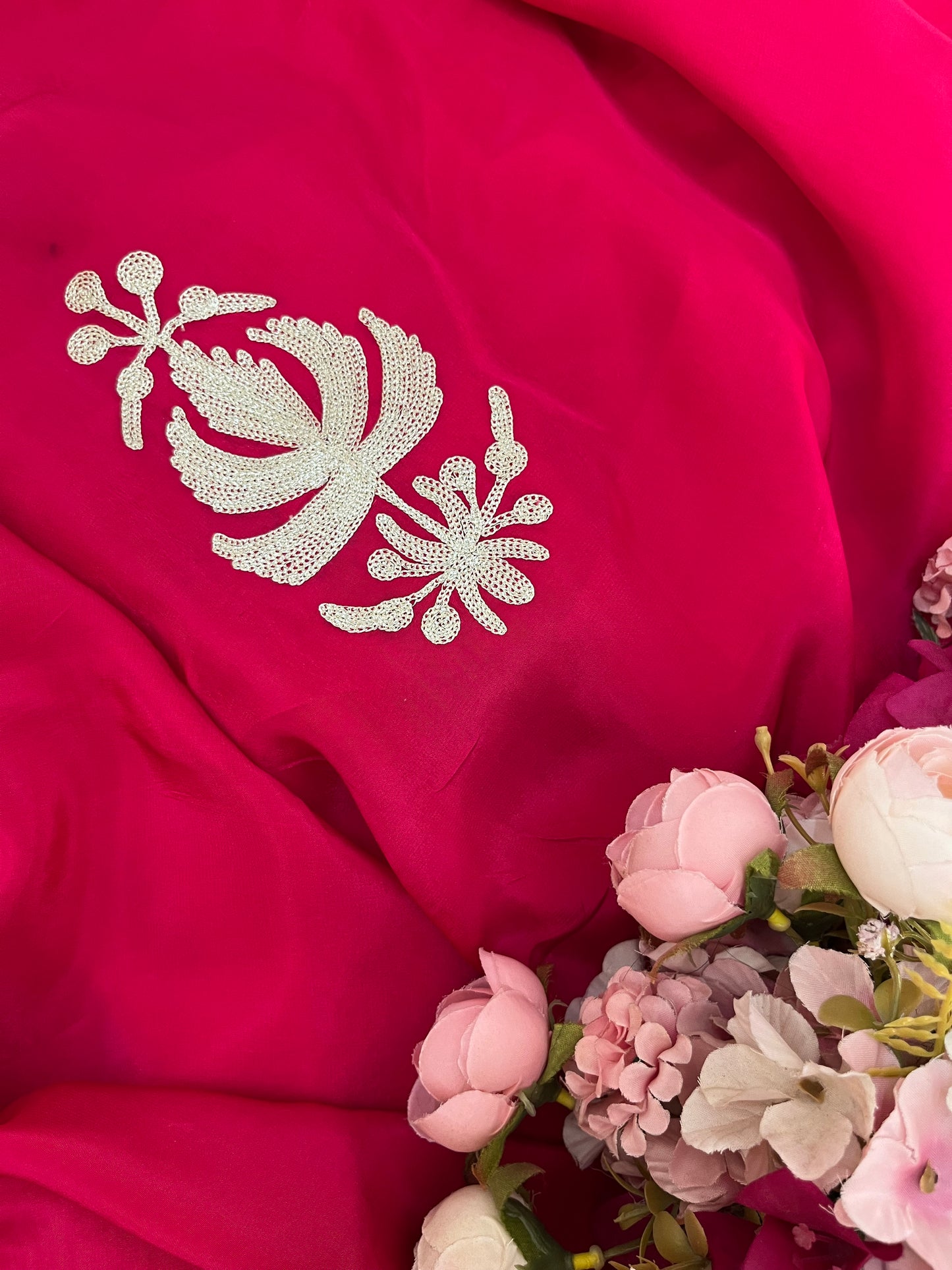 Fuchsia Pink Crape Kashmiri Suit with Clutch