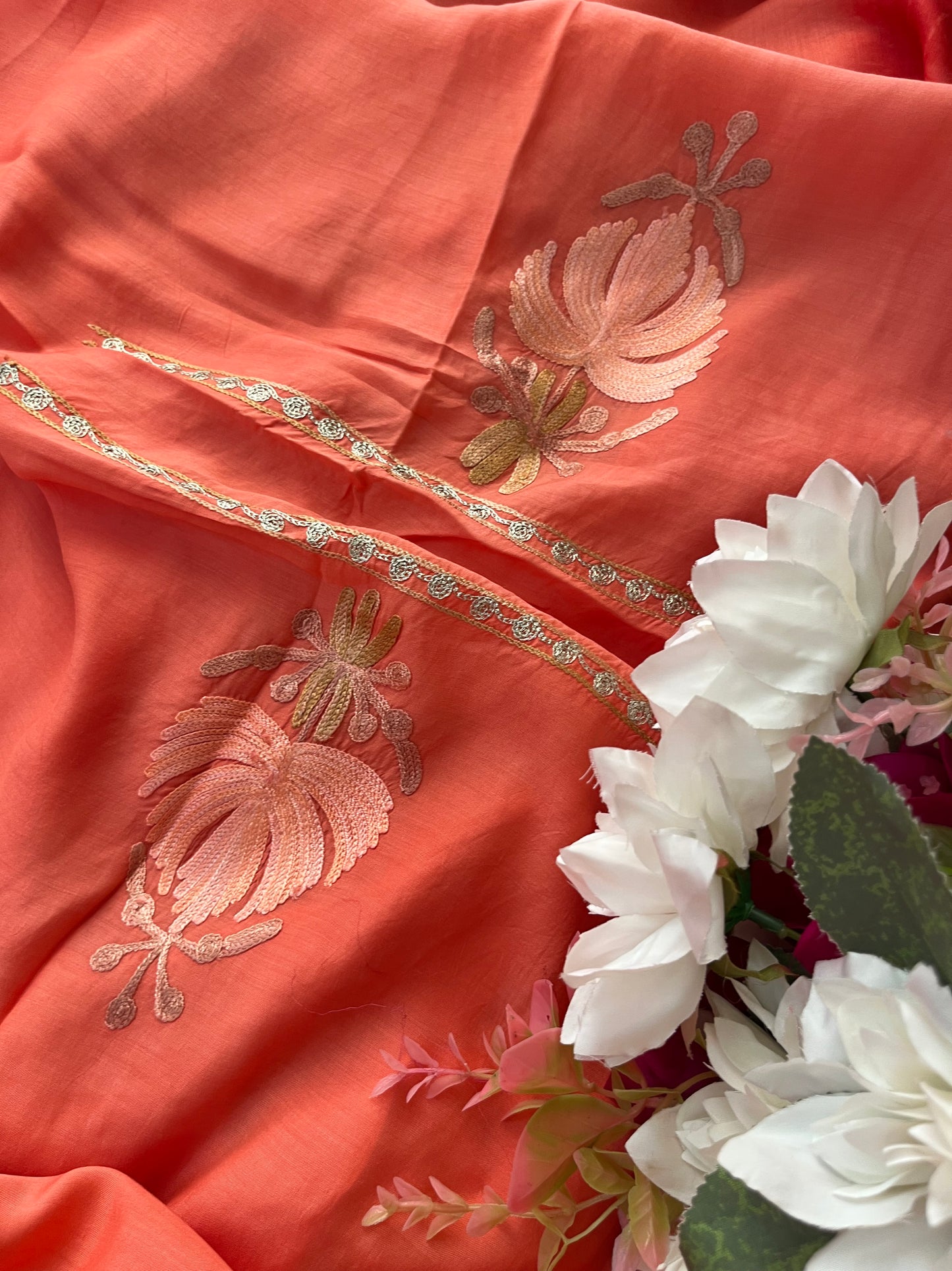 Orange Mul Cotton Shibori Work Kashmiri 3pc Suit