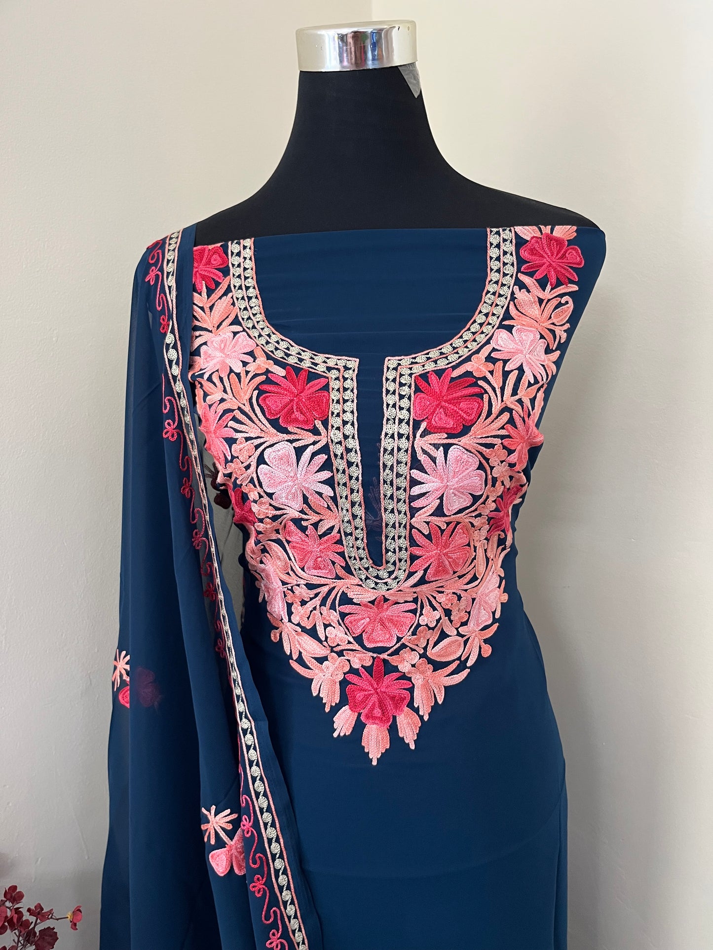 Teal Blue Georgette Shirt and Dupatta Aari Embroidered Suit