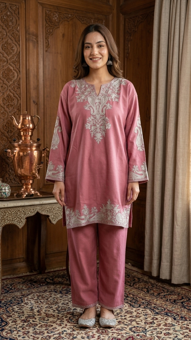 Pink Woollen Kashmiri Co-Ord Set ( Size 46)