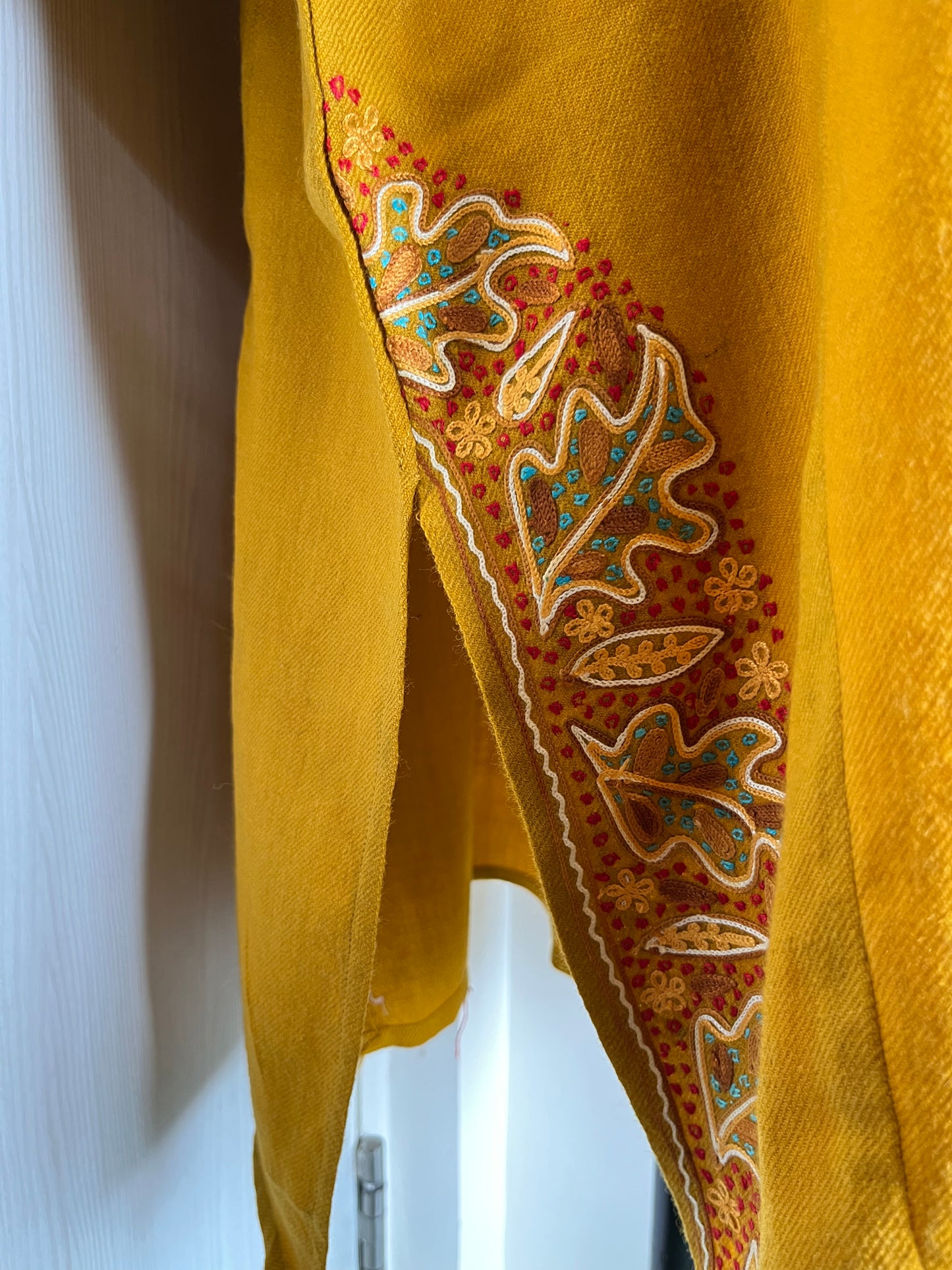 Yellow Aari and Sozni Hand Embroidered Pure Wool Pheran