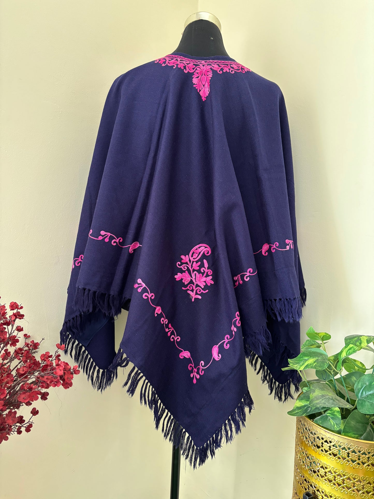 Navy Blue Aari Embroidered Wool Poncho