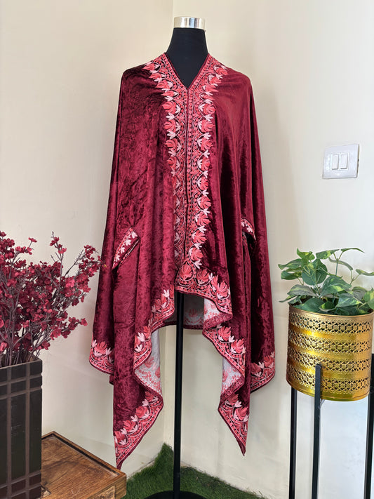 Maroon Aari Embroidered Makhmal Cape