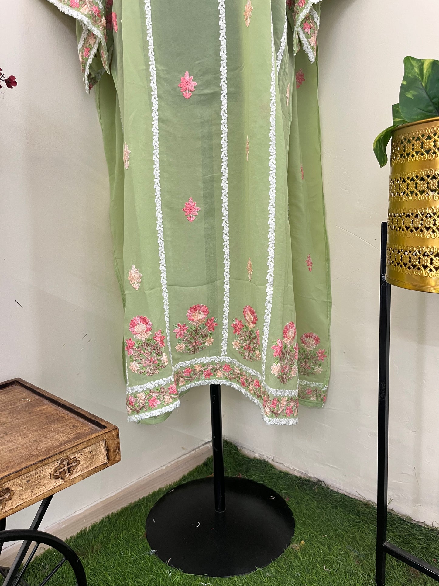 Tea Green Georgette All over Work Aari Embroidered Unstitched Kurta