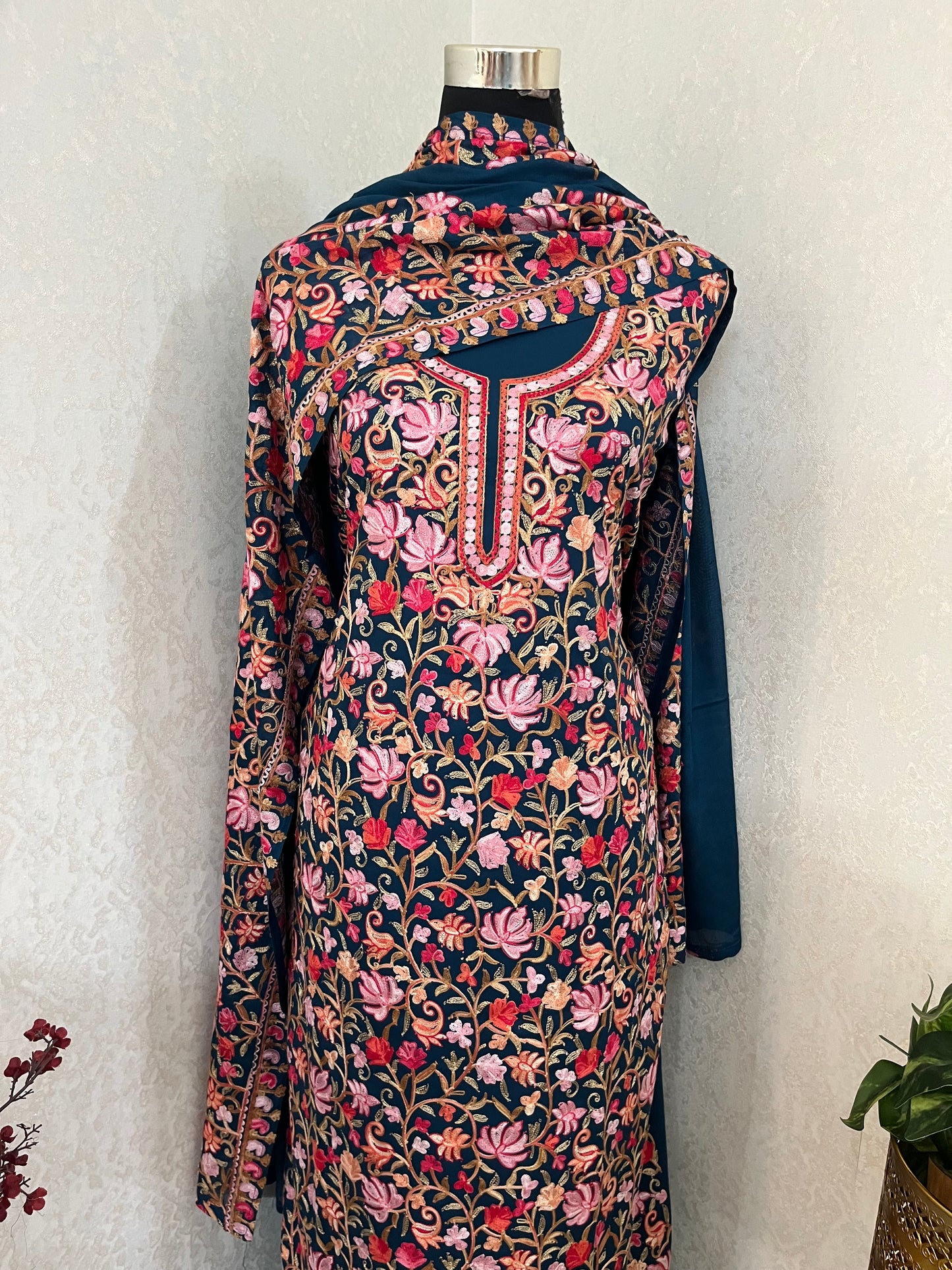 Peacock Blue Cotton Kashmiri Suit