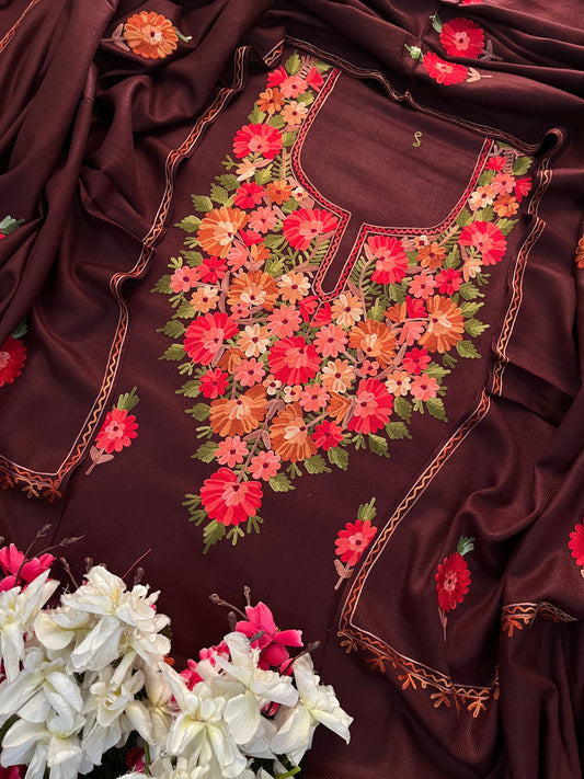 Brown Woollen Aari Embroidered 3pc suit