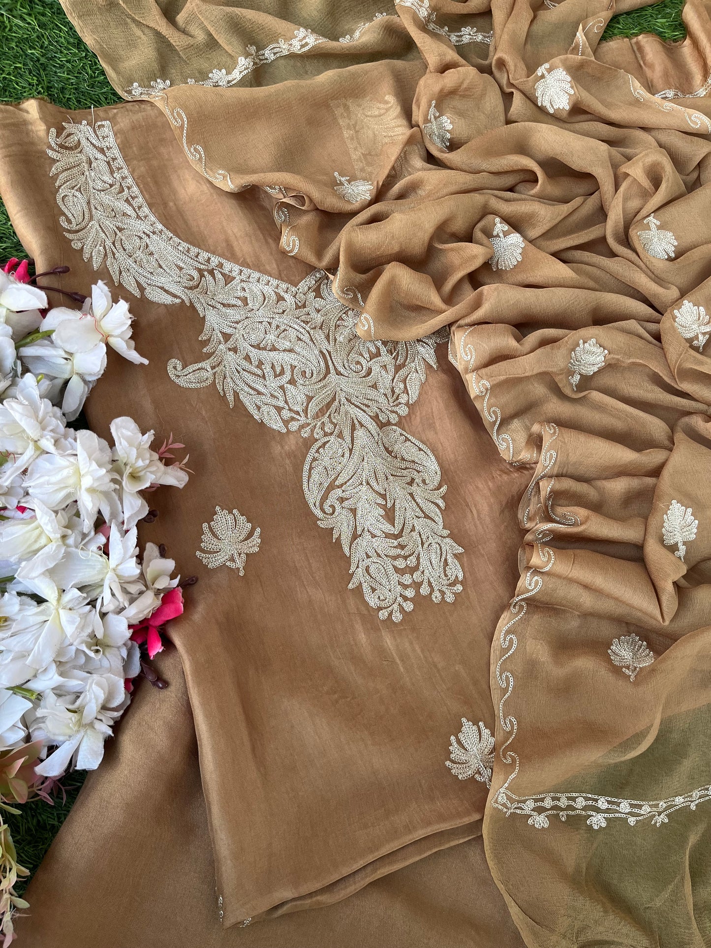 Army Geeen Silk Tilla Kashmiri Suit