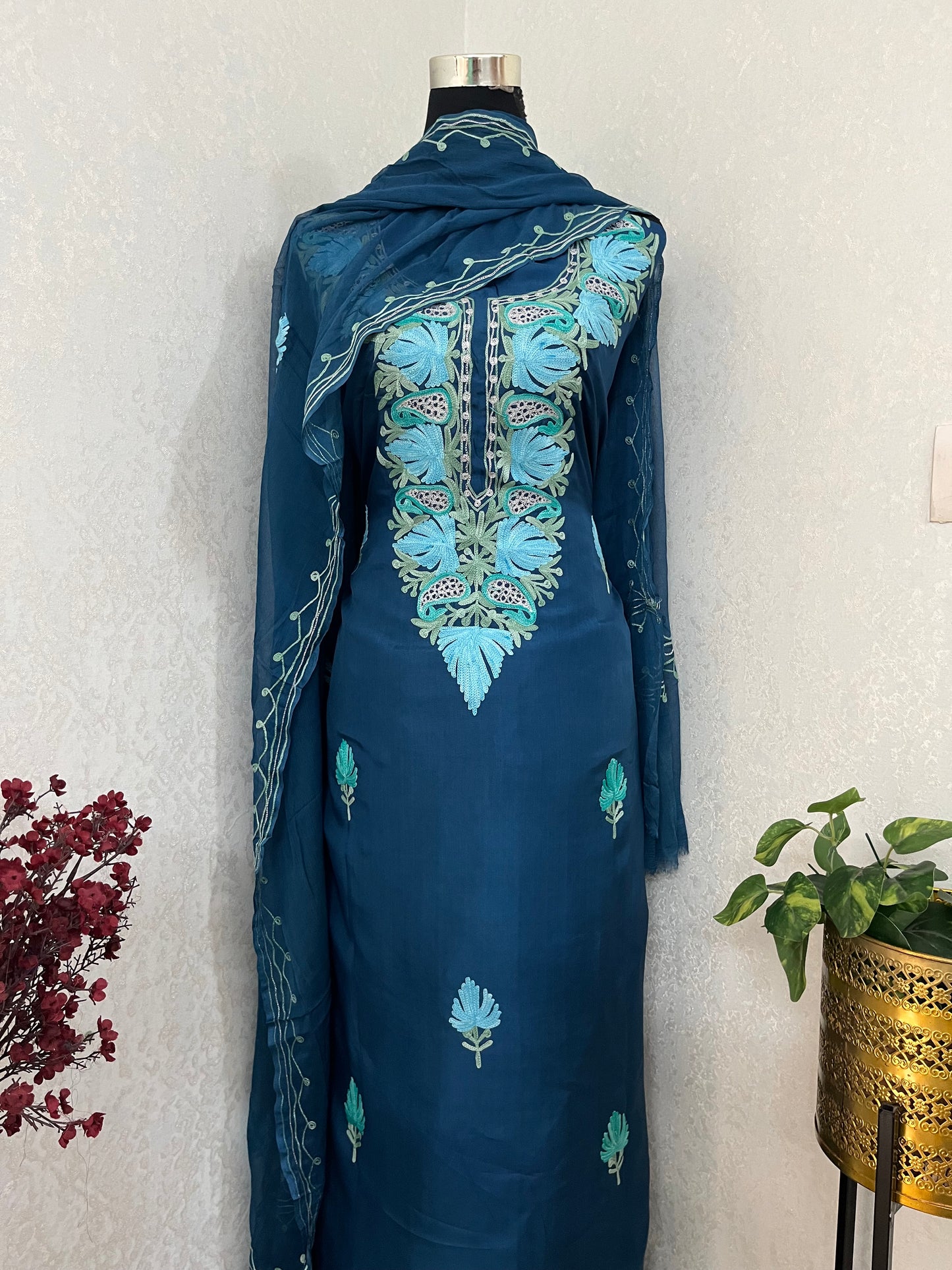 Electric Blue Opada Silk Kashmiri Suits