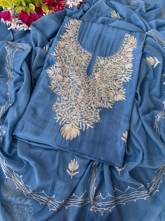 Soft Blue Silk Tilla Kashmiri Suit