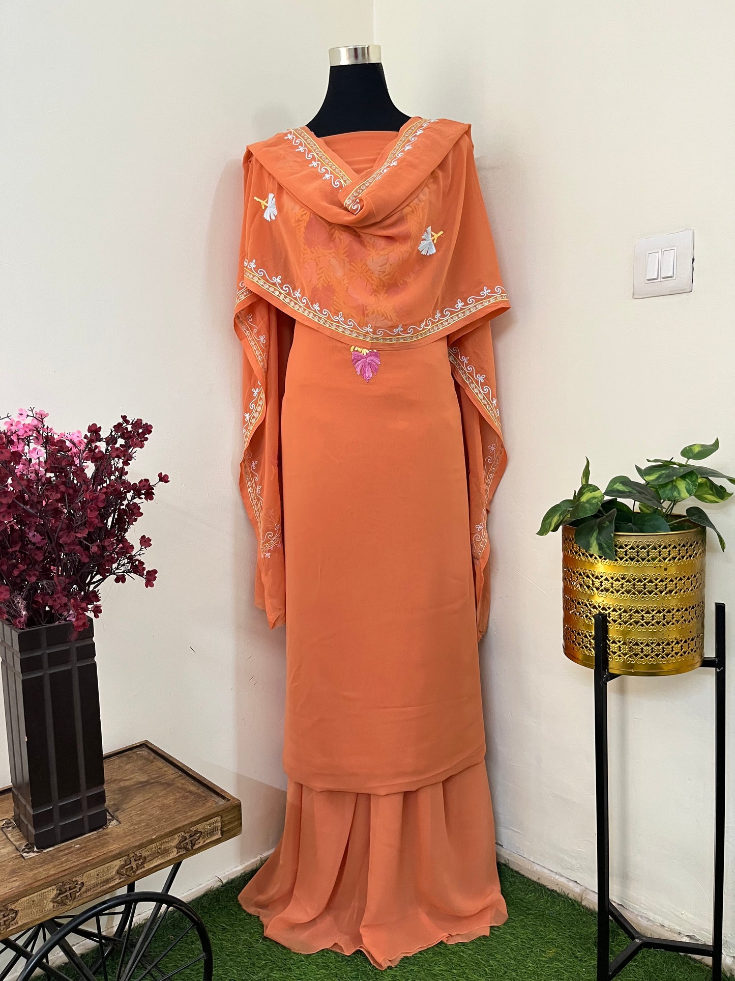Soft Orange Georgette 3 Pc Aari Embroidered Suit Set