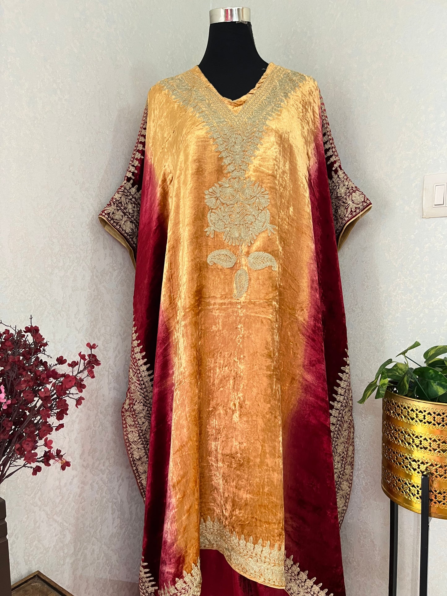 Gold Tilla Embroidered Pure Makhmal Kashmiri Kaftan Set