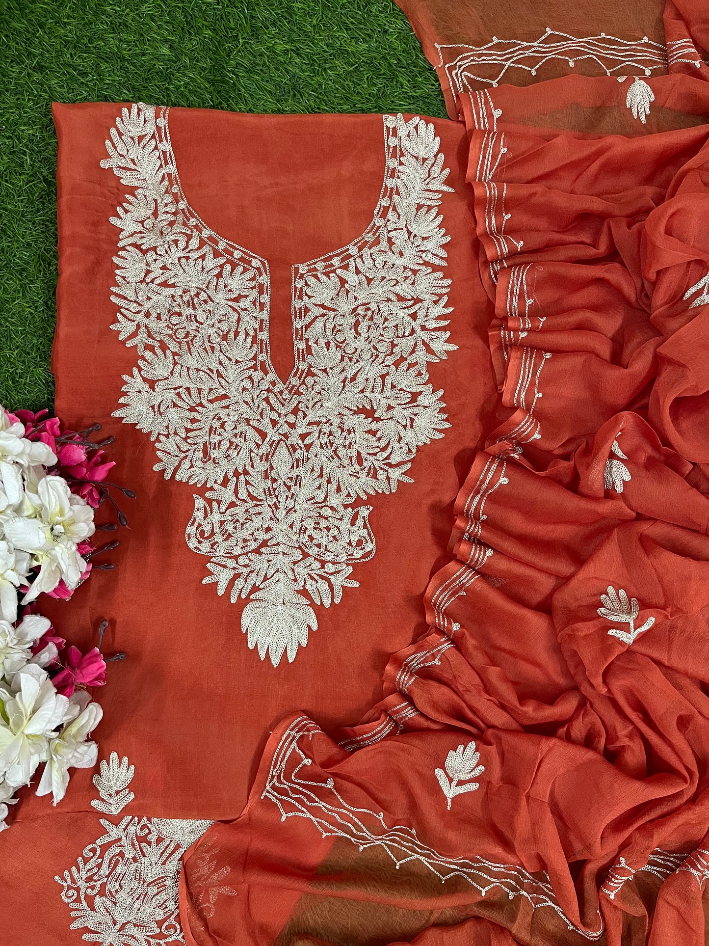 Soft Orange Silk Tilla Kashmiri Suit