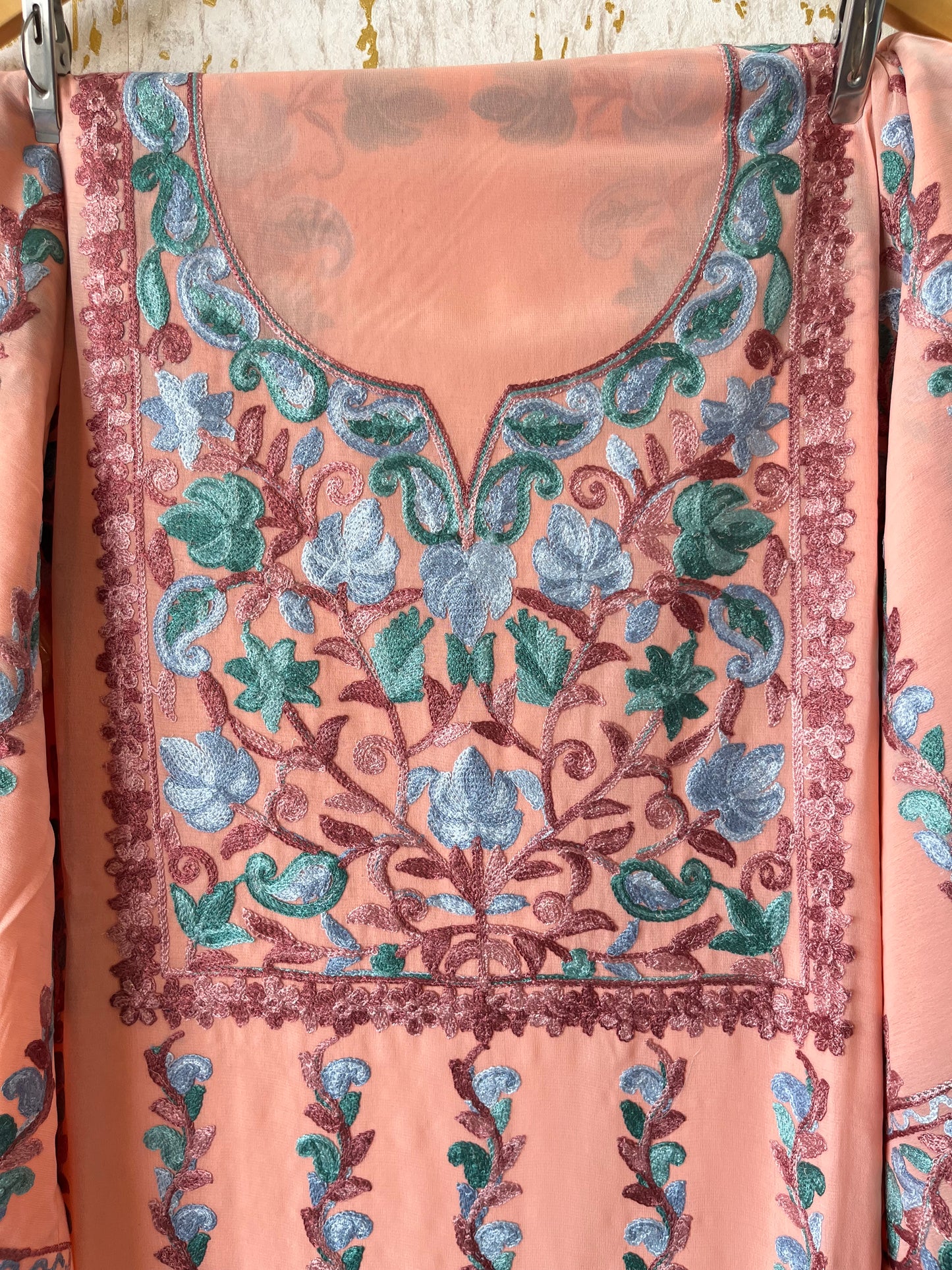 Peach Georgette All over Work Aari Embroidered Unstitched Kurta Material