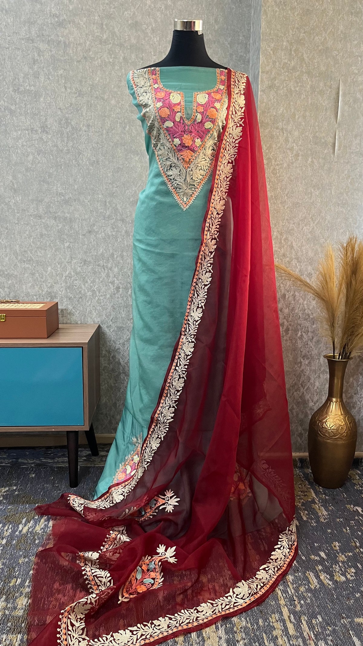 Tea Green Tissue Kashmiri Suit