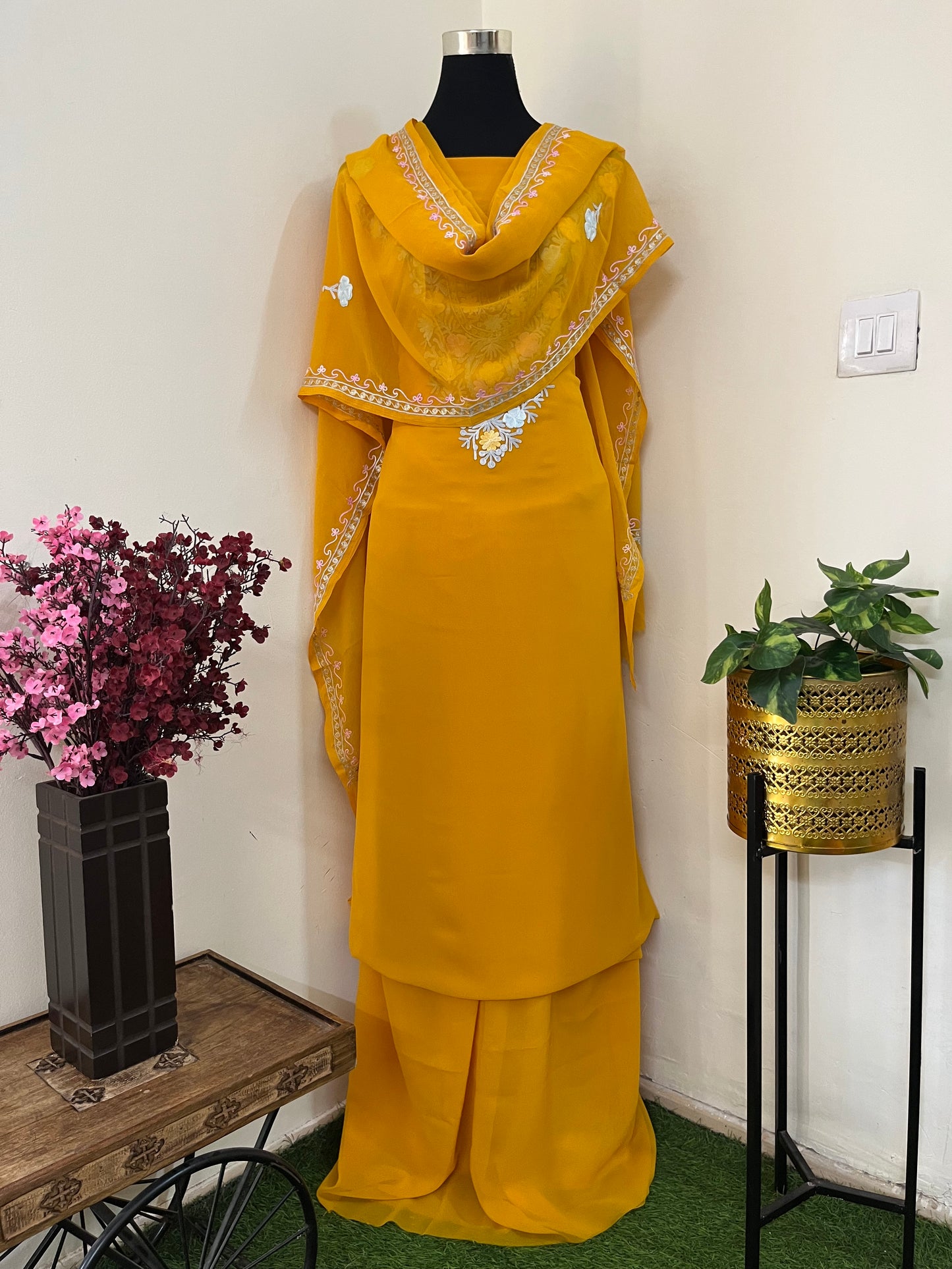 Mustard Georgette 3 Pc Aari Embroidered Suit Set