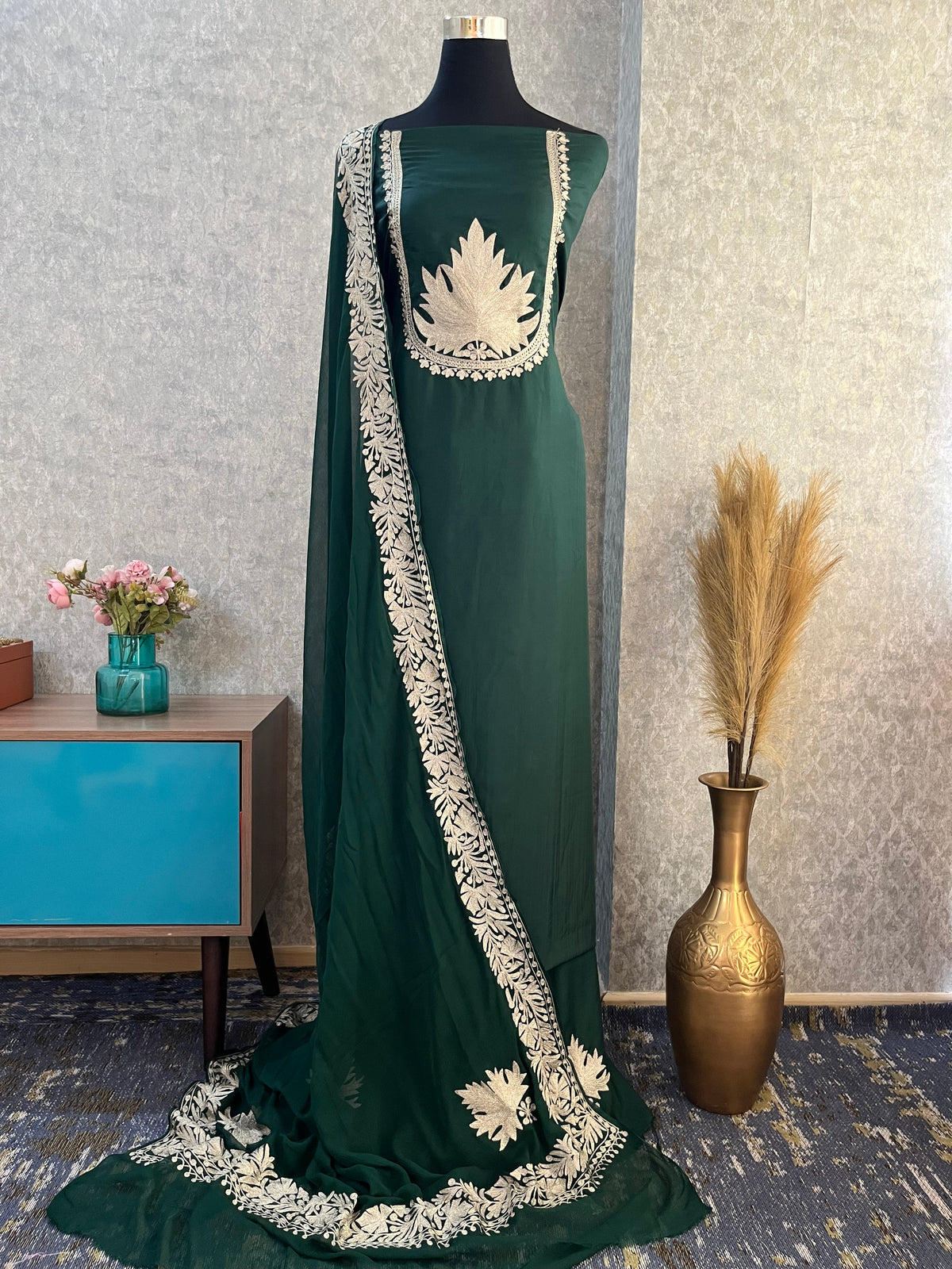 Bottle Green Sanam’ Tilla Kashmiri Silk Suit
