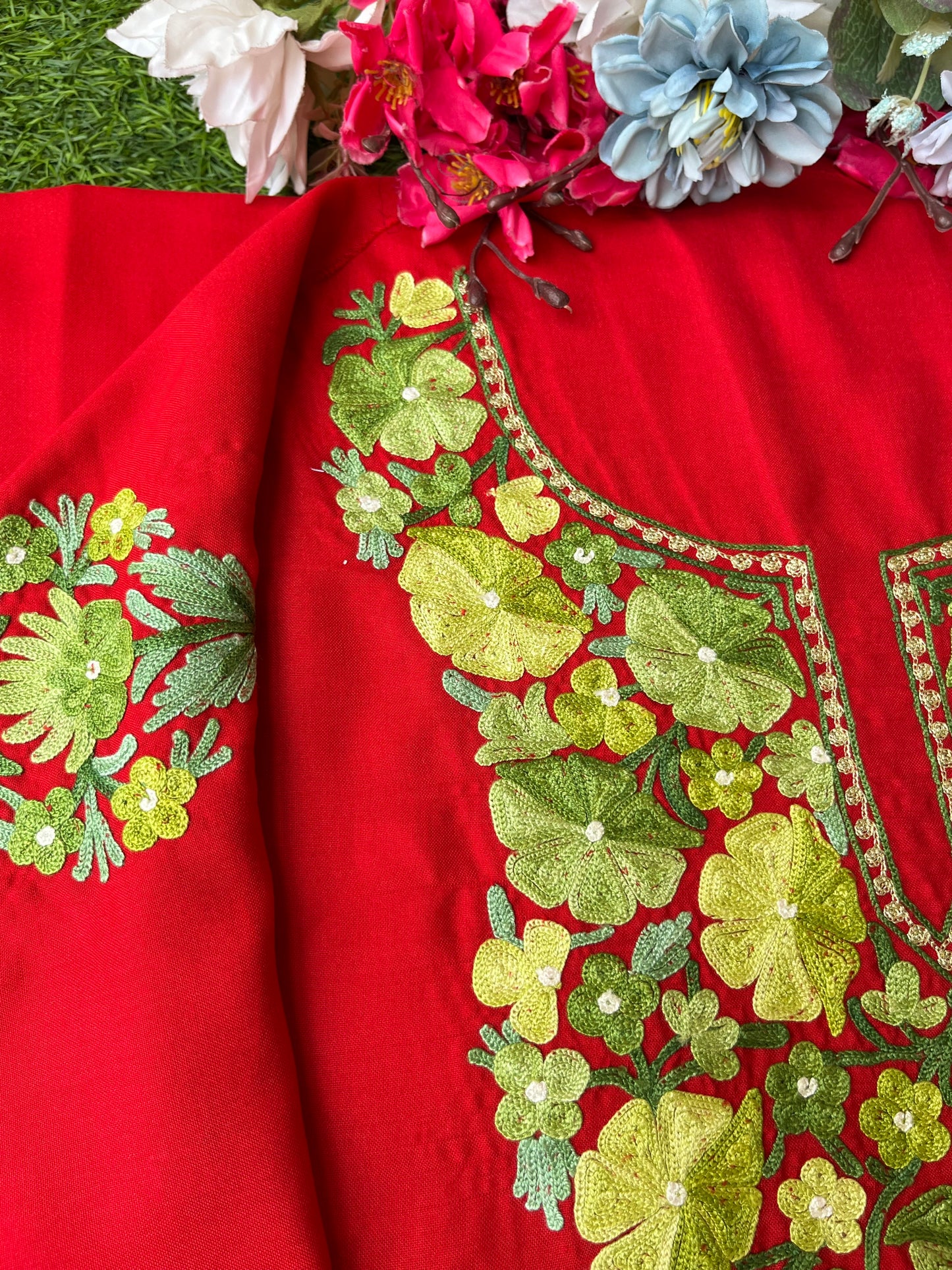 Red Aari Embroidered Cotton Suit Set