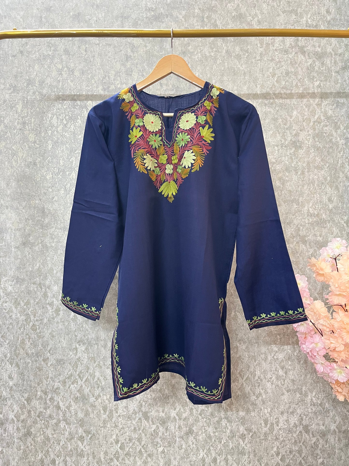 Navy Blue Cotton Aari Work Kurti