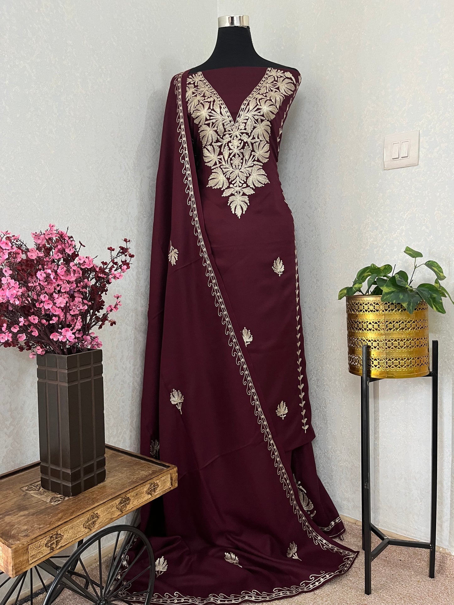 Wine Tilla Embroidered 3pc Suit Stole