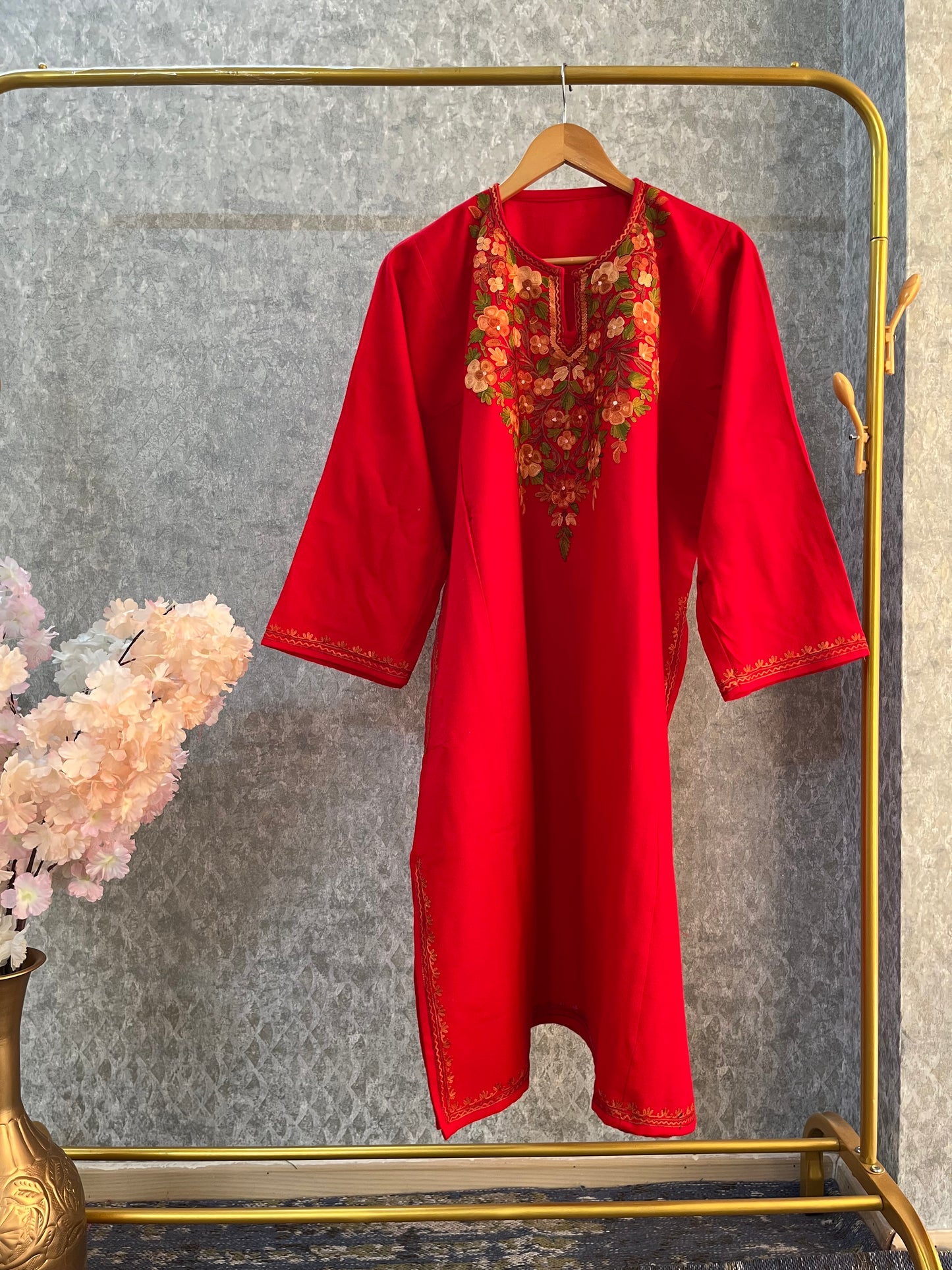 Red Aari Embroidered Wool Pheran