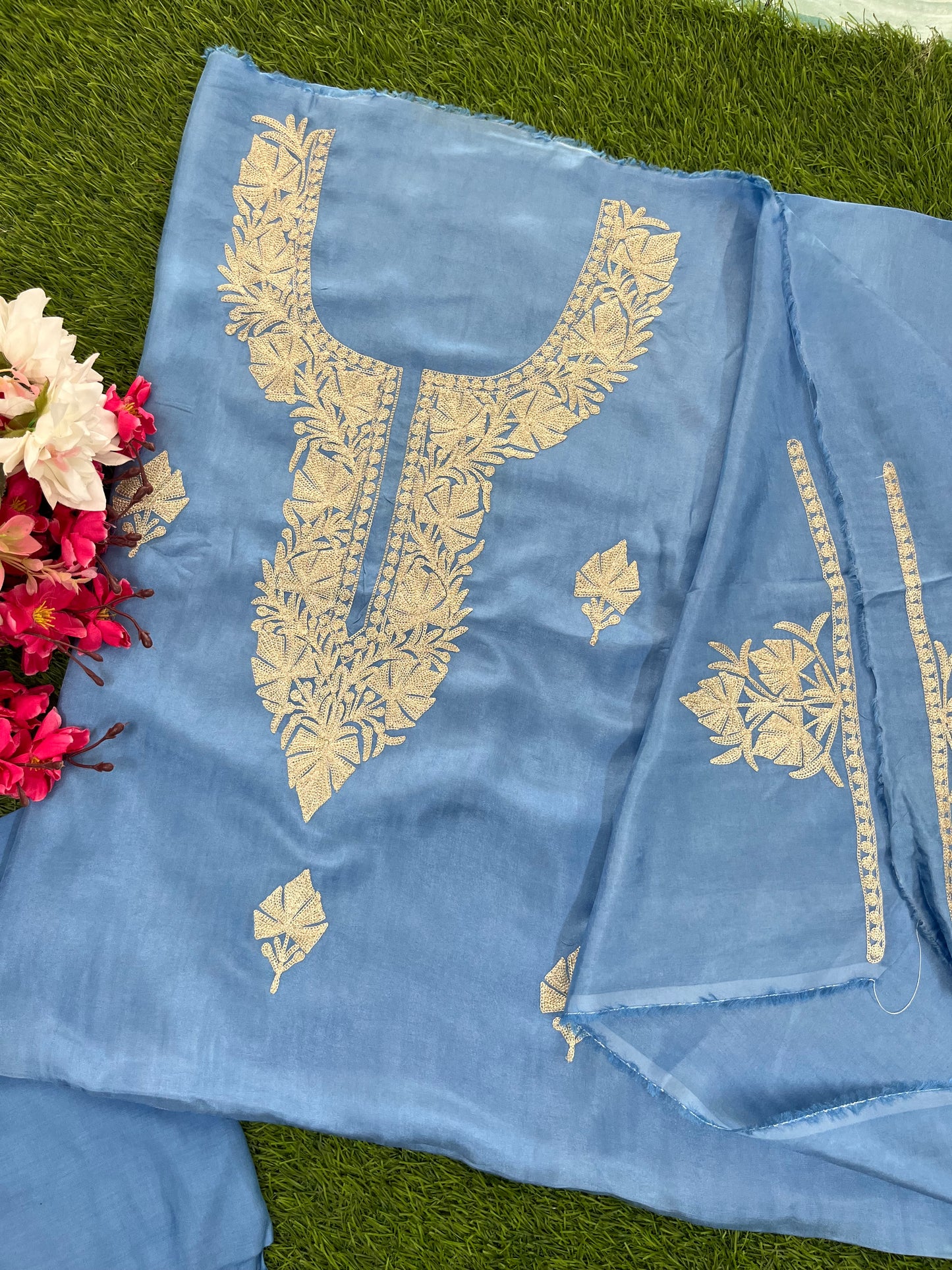 Soft Blue Silk Tilla Kashmiri Suit