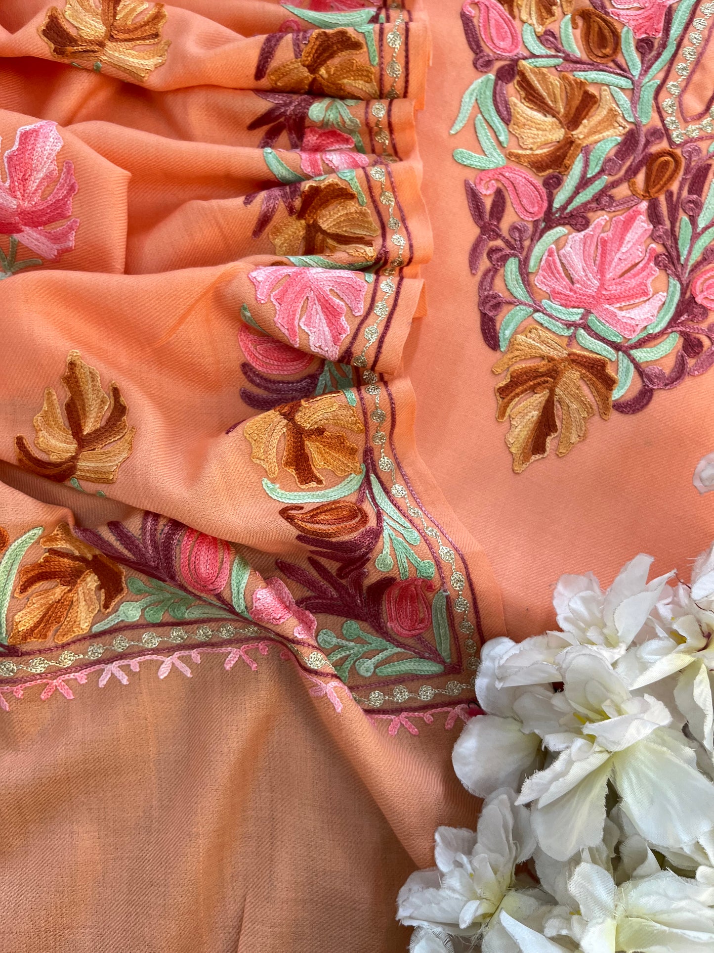 Peach Pure Wool Aari Embroidered 3pc Suit Stole