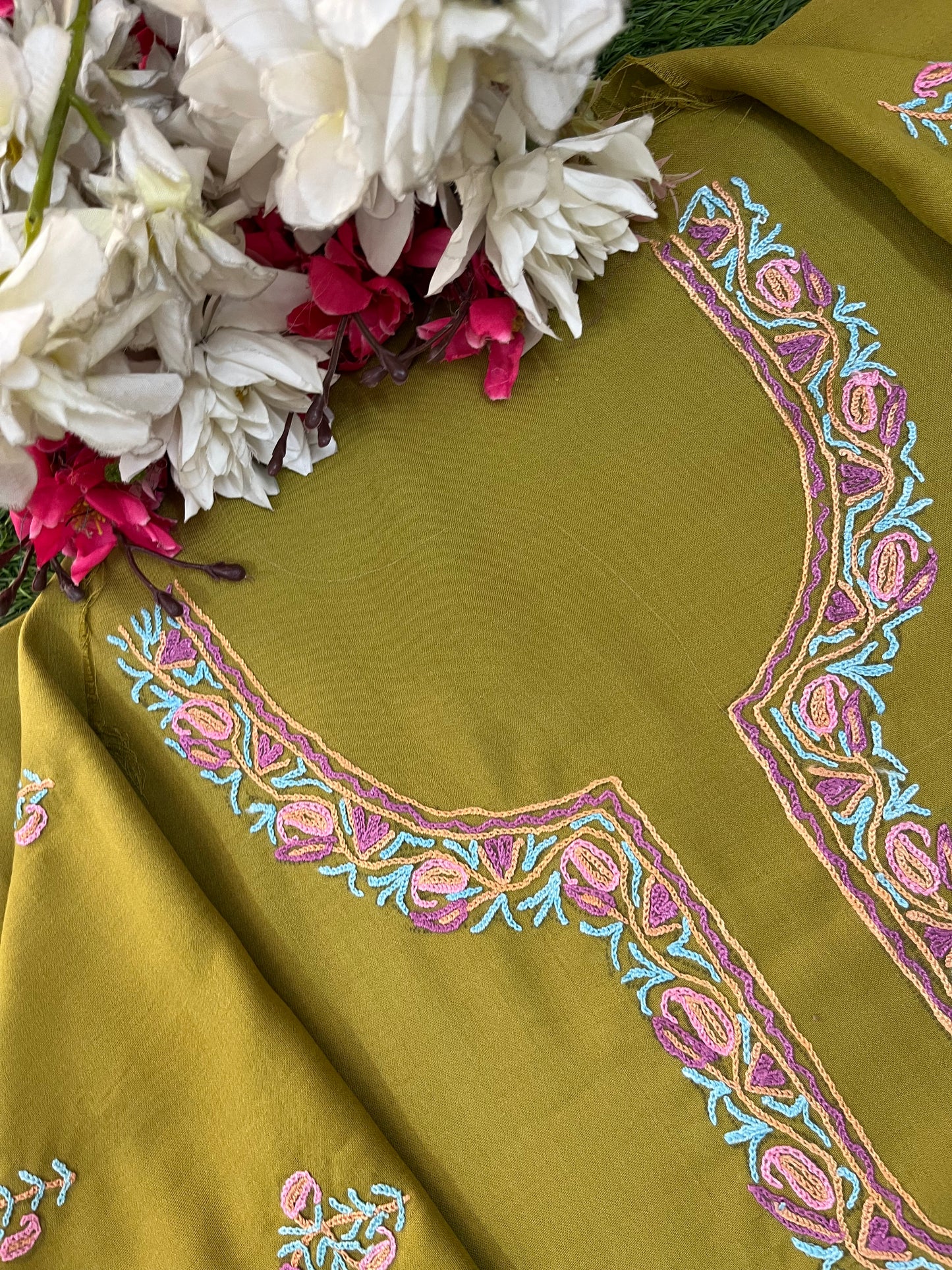 Lime Green Cotton Two Piece Suit (Hand Embroidered)