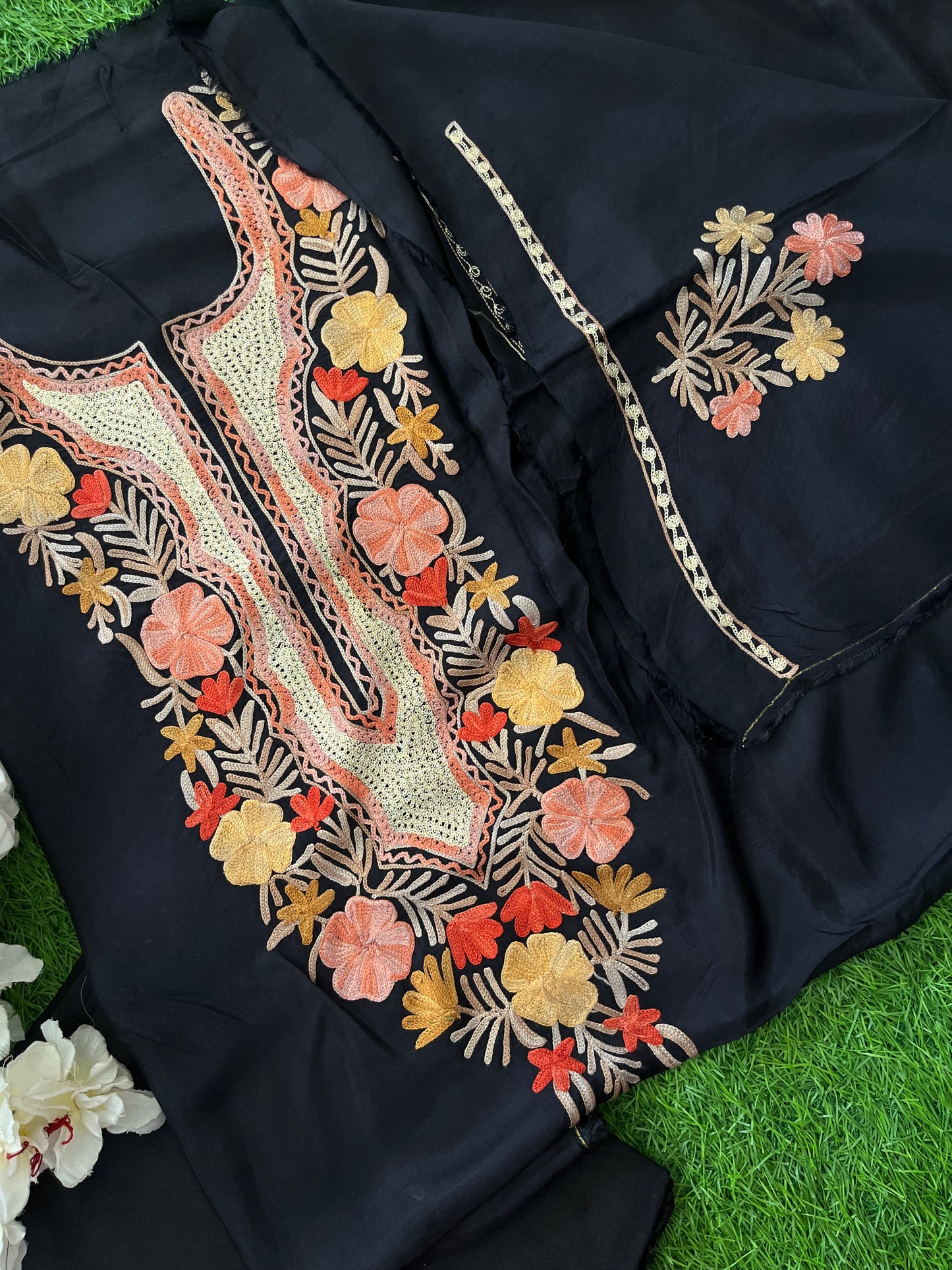 Black Opada Silk Aari Embroidered Suit material