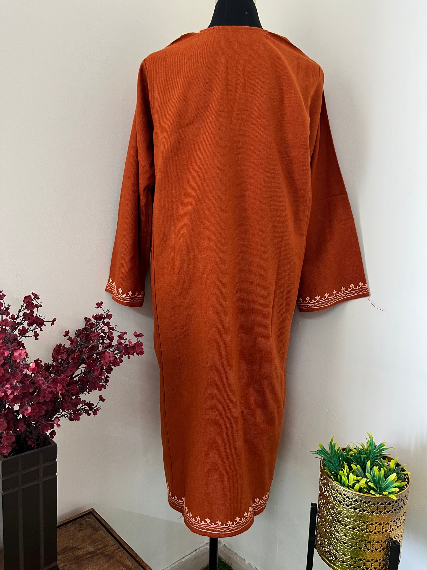 Orange Aari Embroidered Wool Pheran