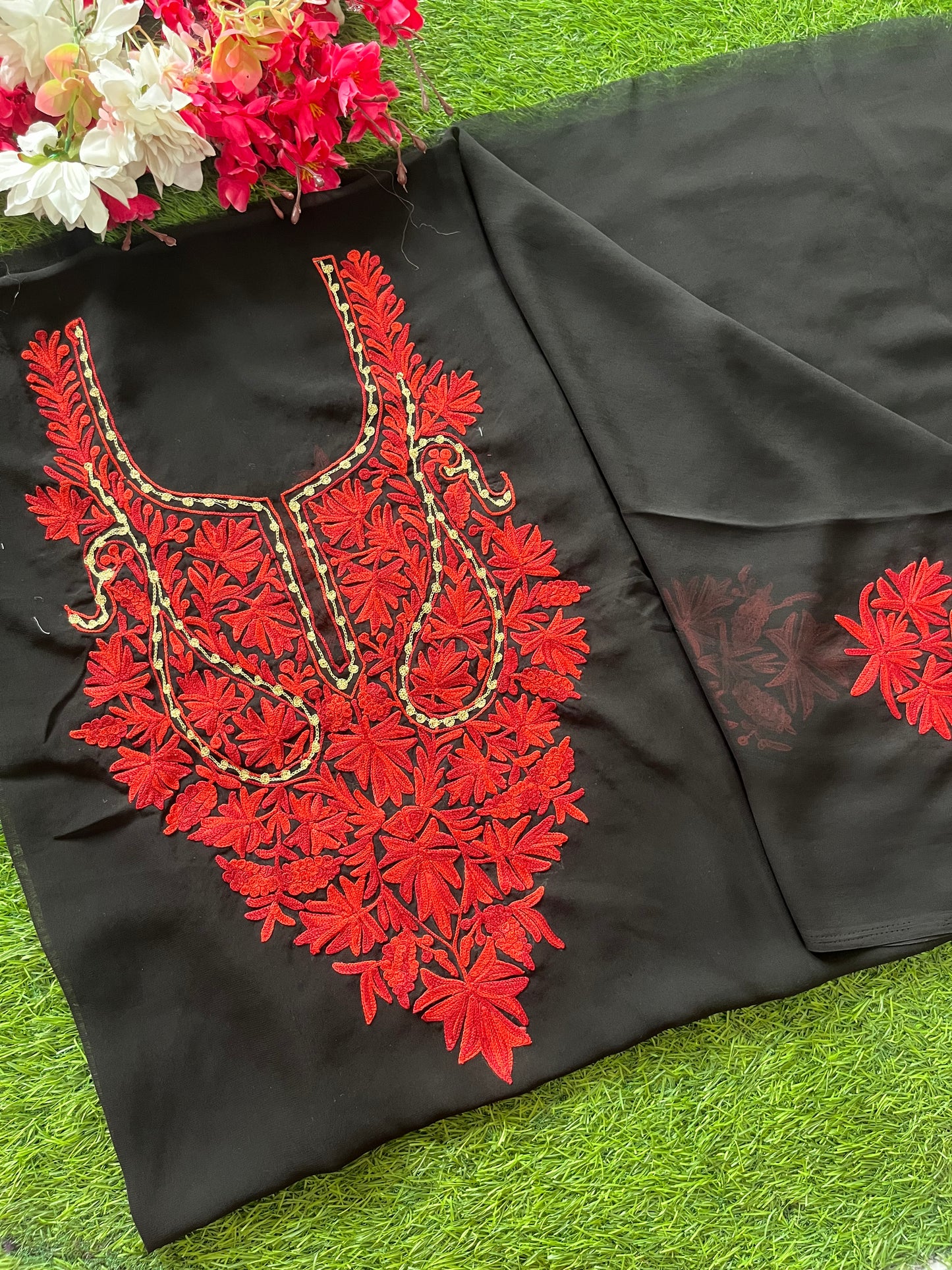 Black Georgette Unstitched Kashmiri Kurta