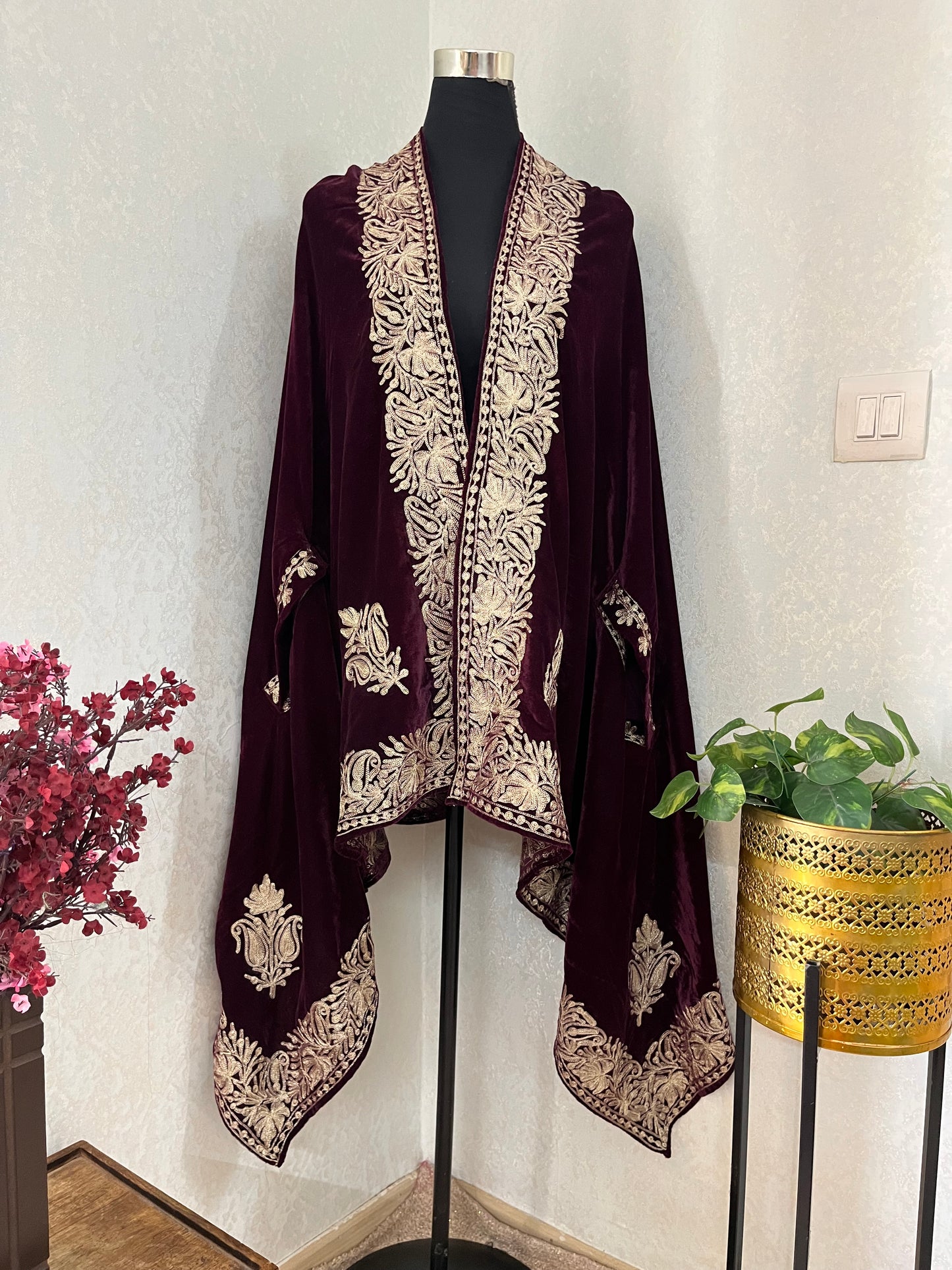 Wine Tilla Embroidered Velvet Cape