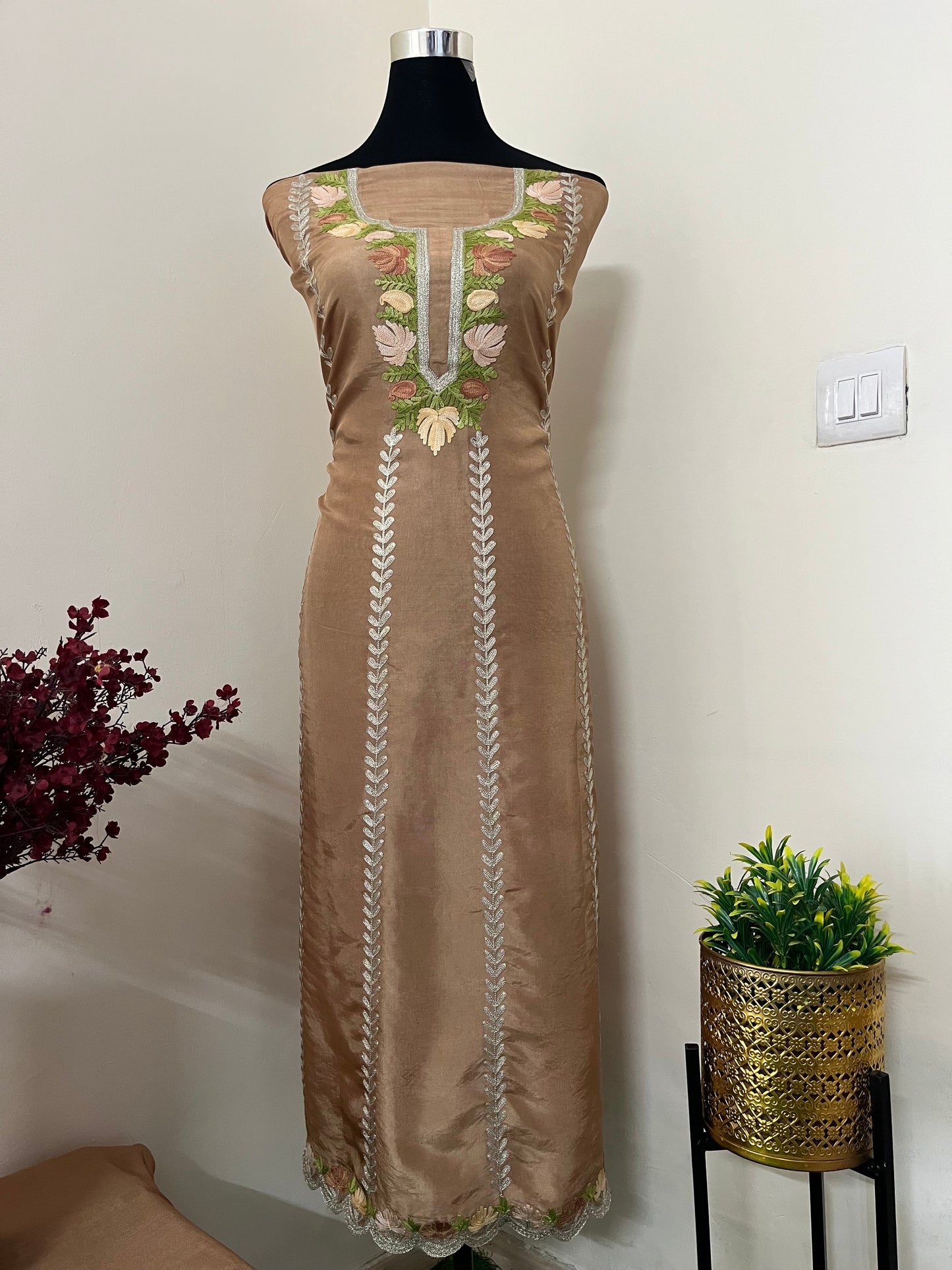 Sanam’ Coffee Brown Silk Aari Embroidered Suit material