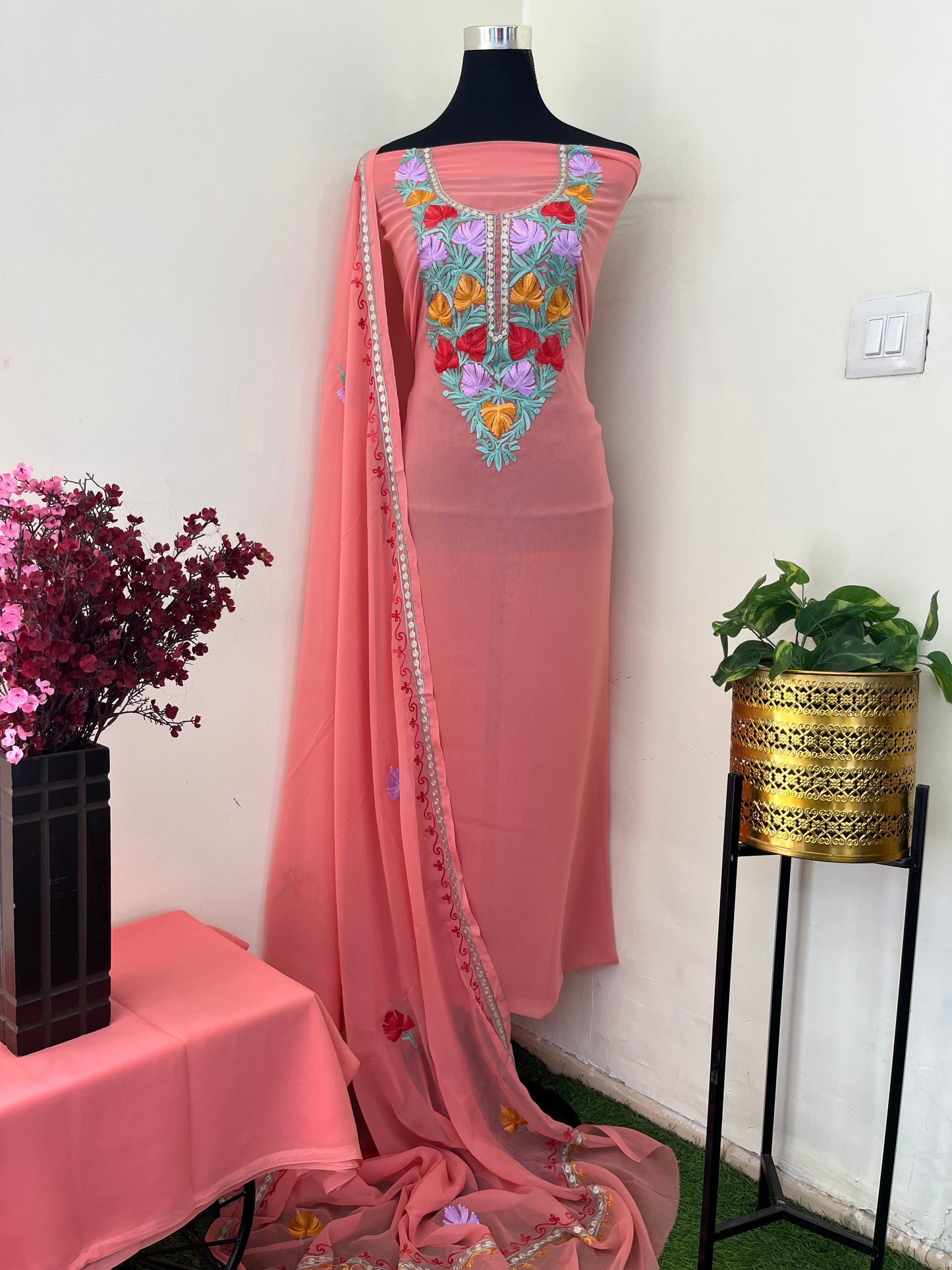 Pink Georgette 3 Pc Aari Embroidered Suit Set