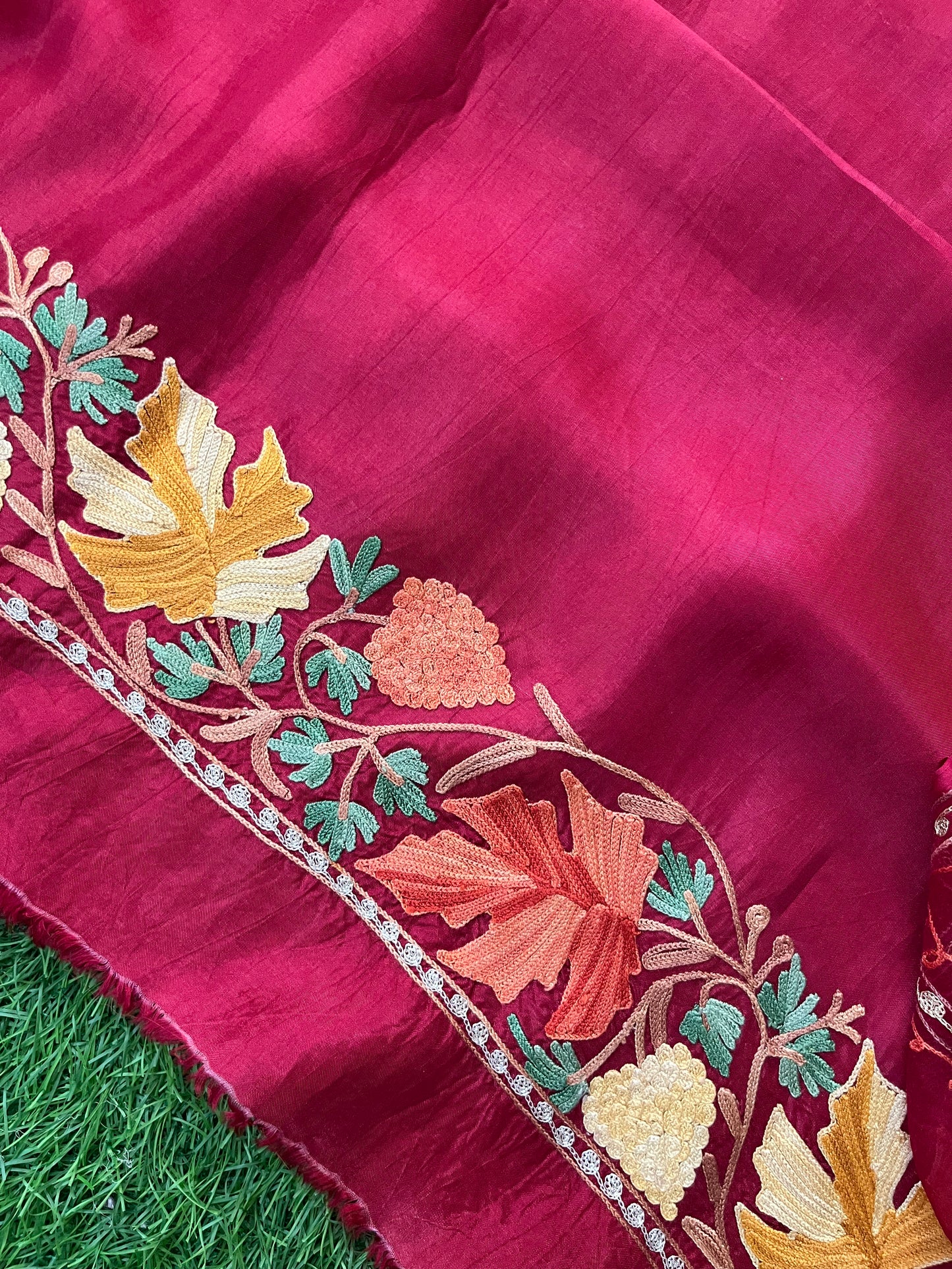 Maroon Opada Silk Aari Embroidered Suit material