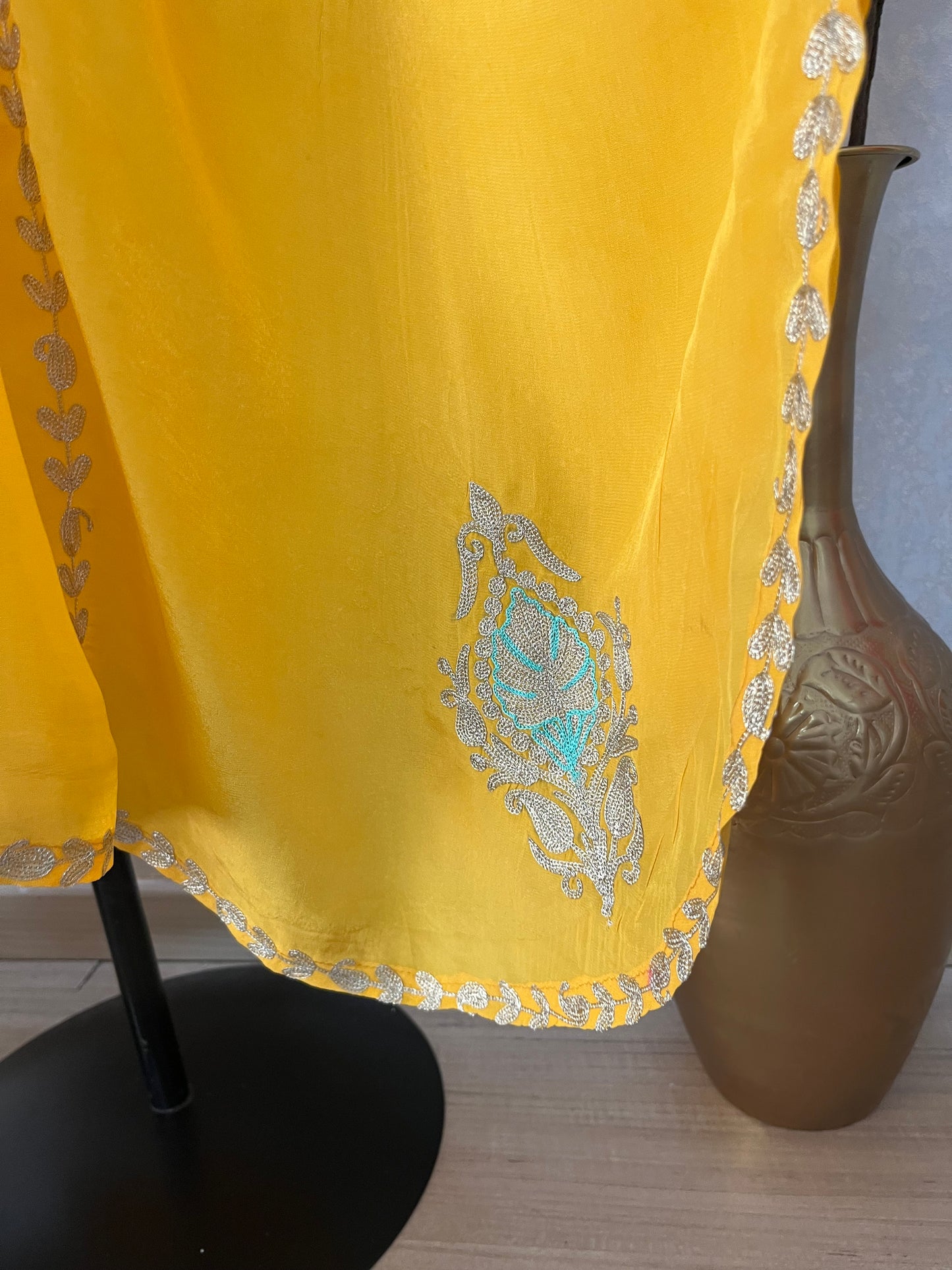 Yellow Crape Front Back Kashmiri Kaftan Set