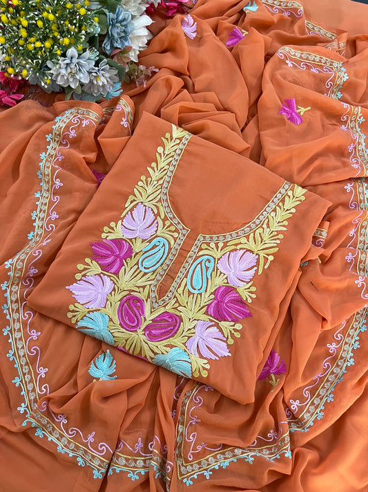 Soft Orange Georgette 3 Pc Aari Embroidered Suit Set