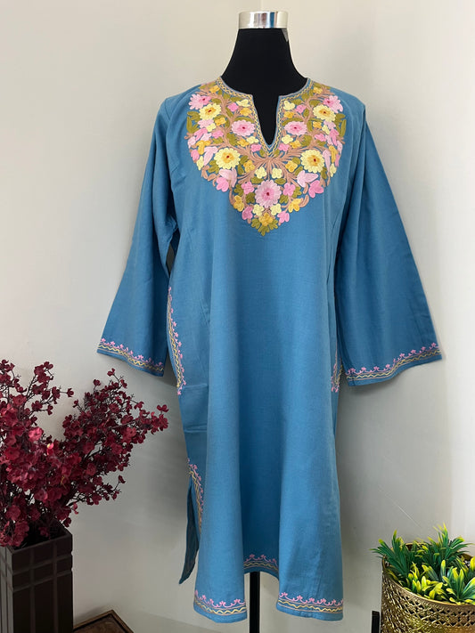 English Blue Aari Embroidered Wool Pheran