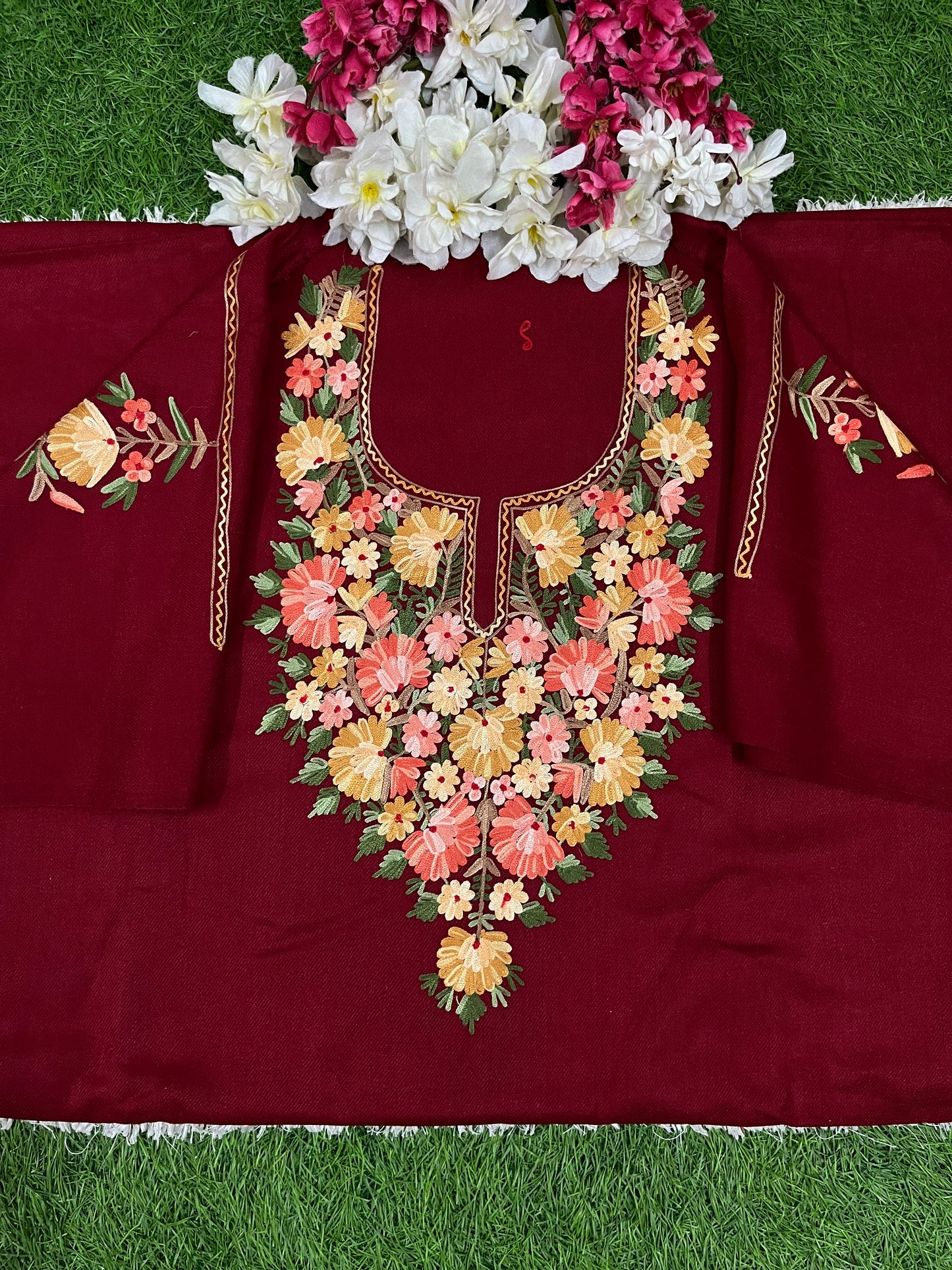 Maroon Woollen Aari Embroidered 2pc suit 5mtr