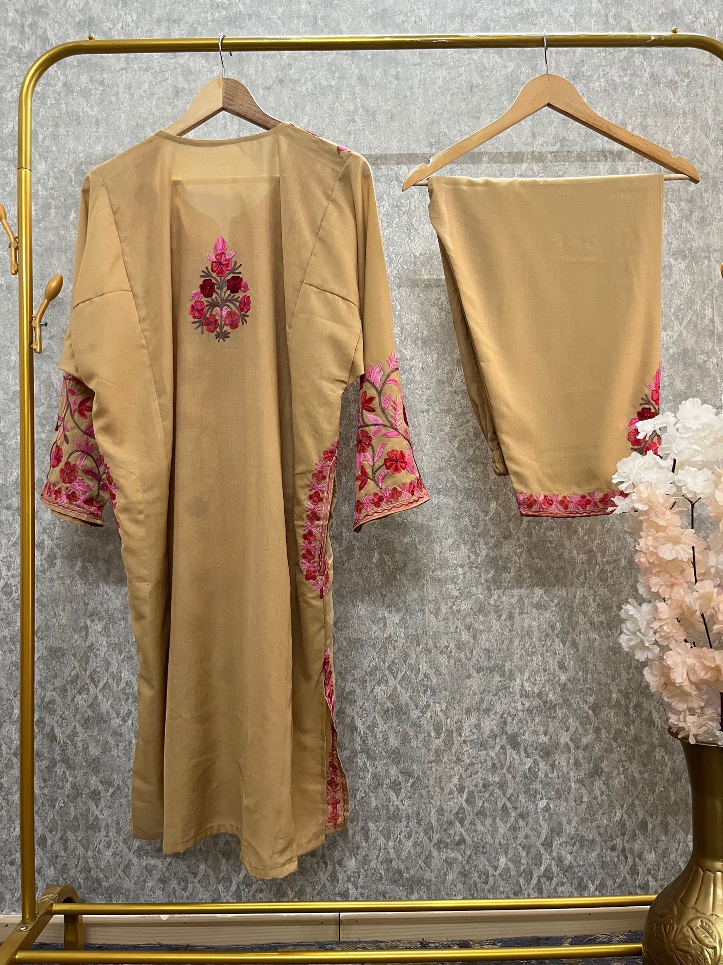 Beige Cotton Front Jaal Pheran Set