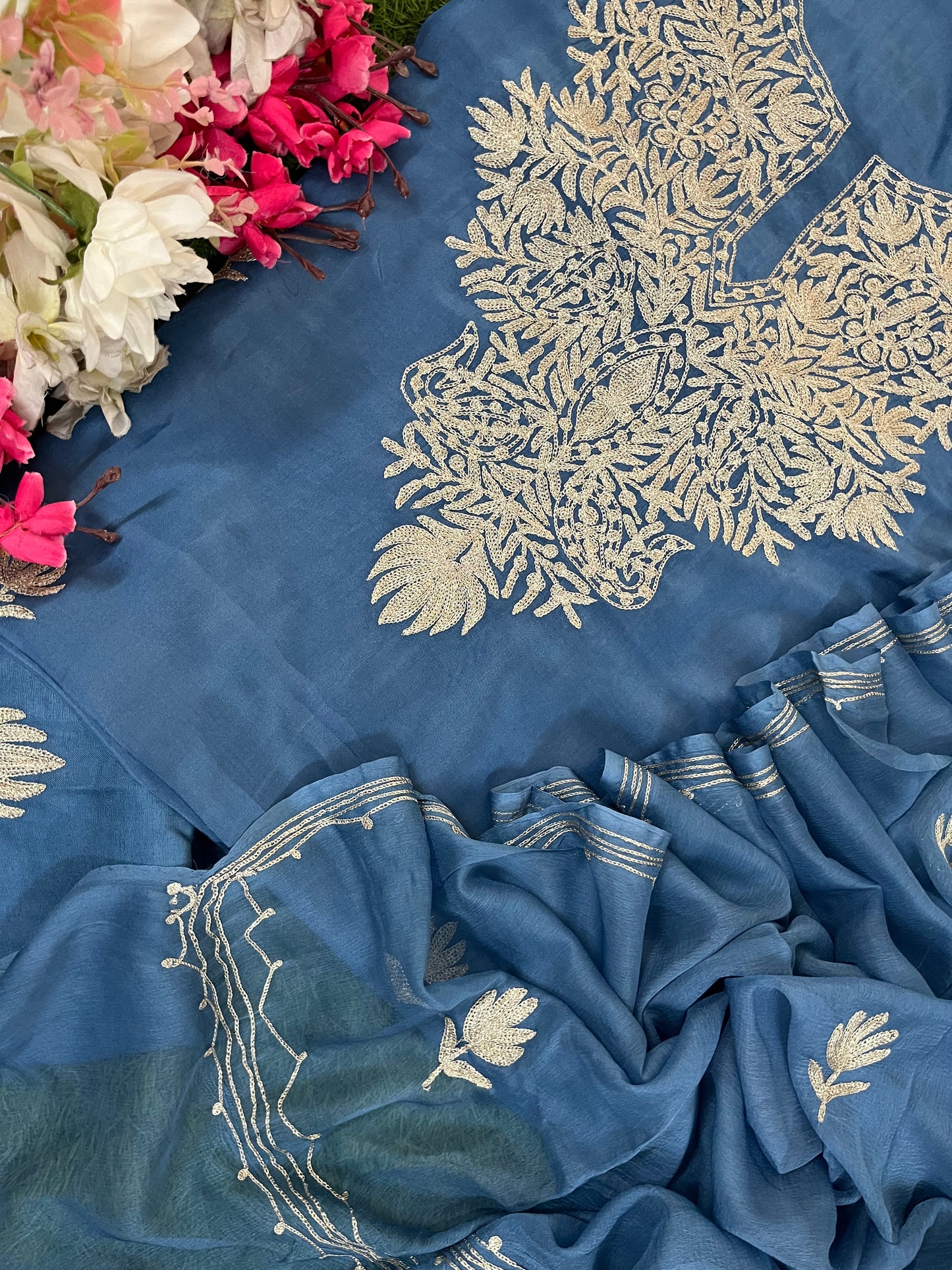 Soft Blue Silk Tilla Kashmiri Suit